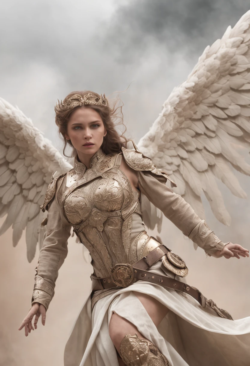 Create an epic Bataha image,A place called Armageddon., Apocalyptic speech, Depressive environment, Lots of dust and fog,ultra-realistic image, Thousands of soldiers dressed as angels in the sky are in combat positions on the battlefield, Thousands of soldiers prepared to attack,, Many soldiers and angels dressed in white, Perfect angel face,Thousands of angels have the skin of the angel's perfect face, Perfect Angel, Fight with the weapons of colorful ancestors, Battle of Armageddon Battle.