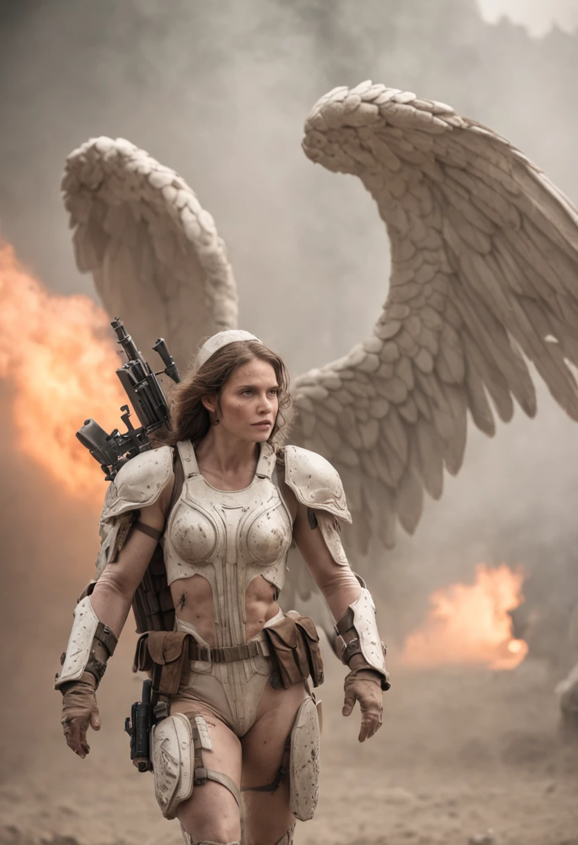 Create an epic Bataha image,A place called Armageddon., Apocalyptic speech, Depressive environment, Lots of dust and fog,ultra-realistic image, Thousands of soldiers dressed as angels in the sky are in combat positions on the battlefield, Thousands of soldiers prepared to attack,, Many soldiers and angels dressed in white, Perfect angel face,Thousands of angels have the skin of the angel's perfect face, Perfect Angel, Fight with the weapons of colorful ancestors, Battle of Armageddon Battle.