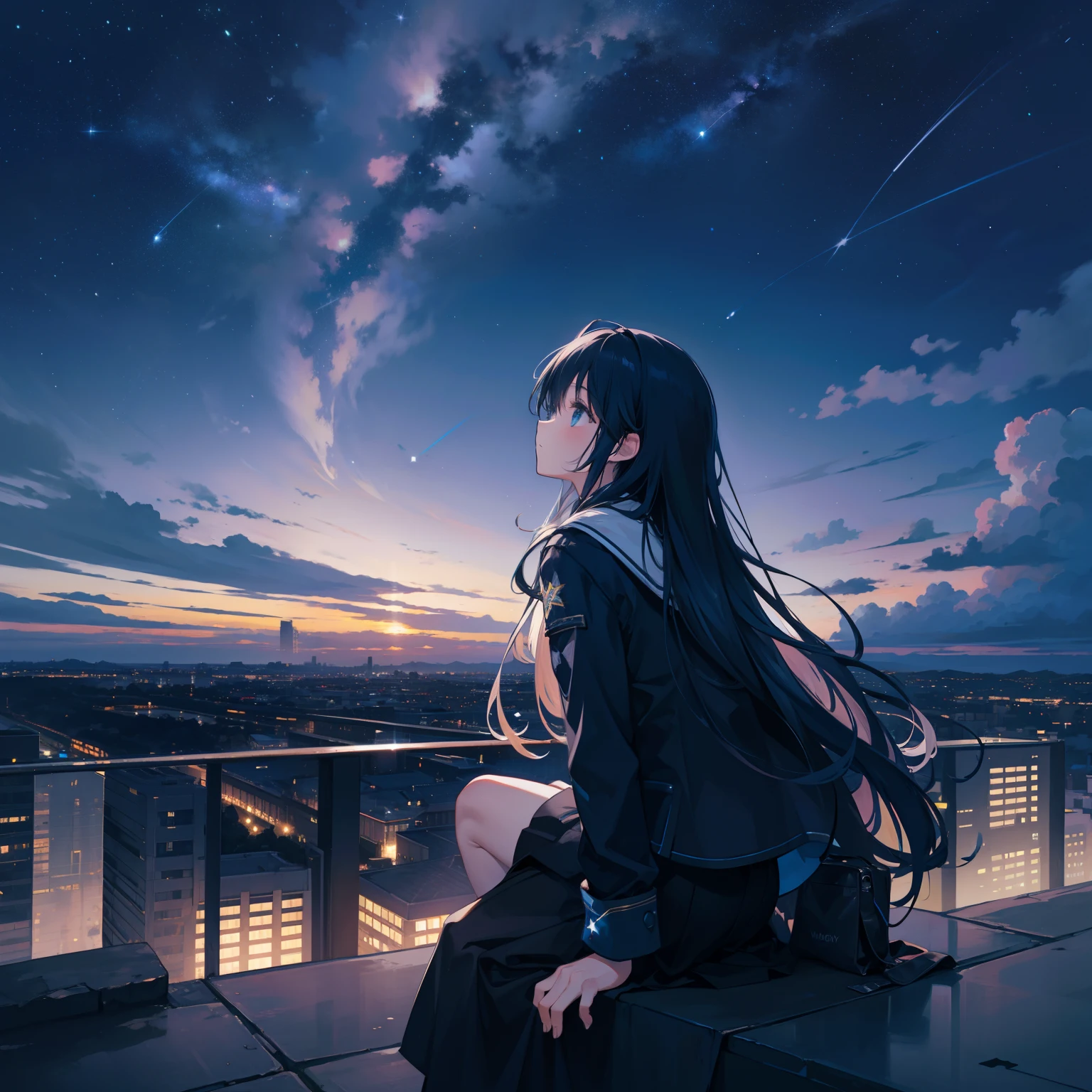octans, sky, star (sky), scenery, starry sky, night, 1girl, night sky, solo, outdoors, building, cloud, milky way, sitting, tree, long hair, city, silhouette, cityscape