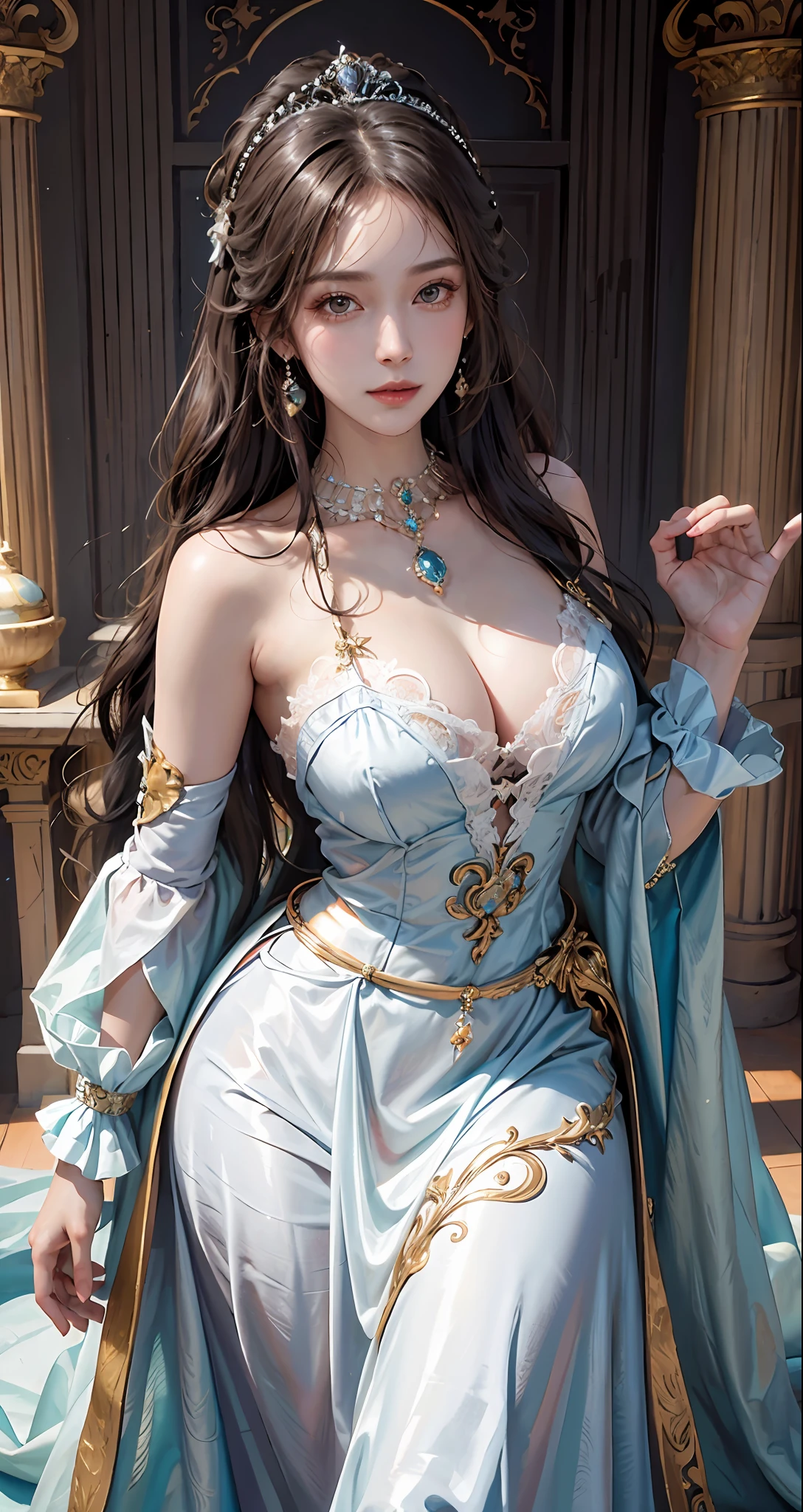 photorealistic, high resolution, soft light,1women, solo, hips up, shining skin, (detailed face),tattoo, jewelry, ((1 princess in gorgeous princess rococo ball gown with voluminous full-length hoop skirt)), night, long hair, wavy hair, Beautiful Soldier, Eyes That Invite Viewer, Lover's Perspective, Inviting Expression, Sexy Smile, Perfect Style, Perfect Balance, Detailed Skin, Naughty Gaze, Chest Visible
