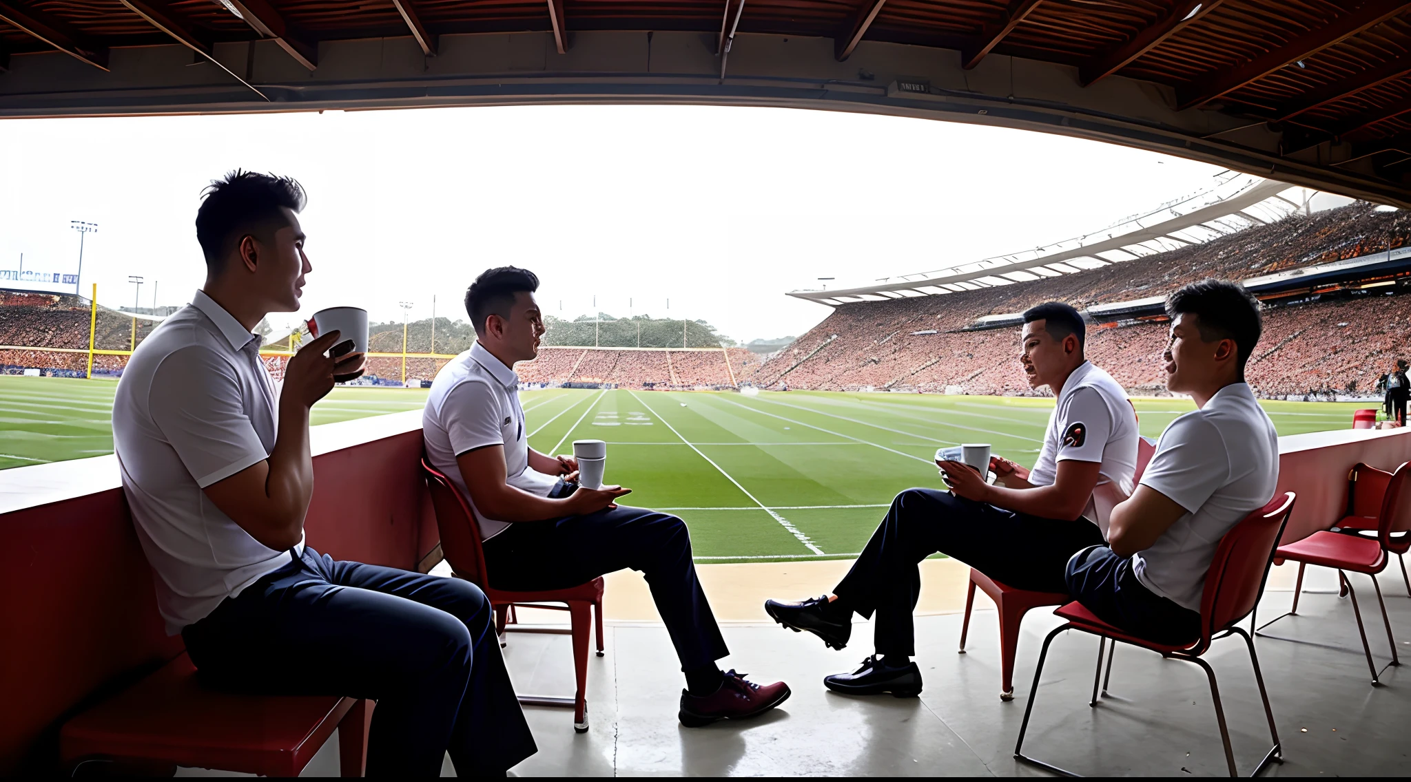 3 Malaysian men sitting in men's office attire drinking coffee on football pitch with packed stadium, vestir terno, Rosto realista, detalhe do rosto, rindo e feliz, homens amadurecidos, clear lighting, fotografia ultra detalhe, Crowded stadium in the background
