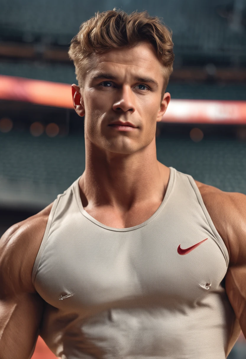Prompt: extremely cute Caucasian collegiate bodybuilder with a pouty boyish face strongly resembling Tony Dow with short modern haircut flexing his swoll pecs in nike gear. his skin is a light golden tan a glistening sheen of body oil. homophobic cocky varstiy jock bully. thirst trap. shiny fabric. VPL. sheen of body oil