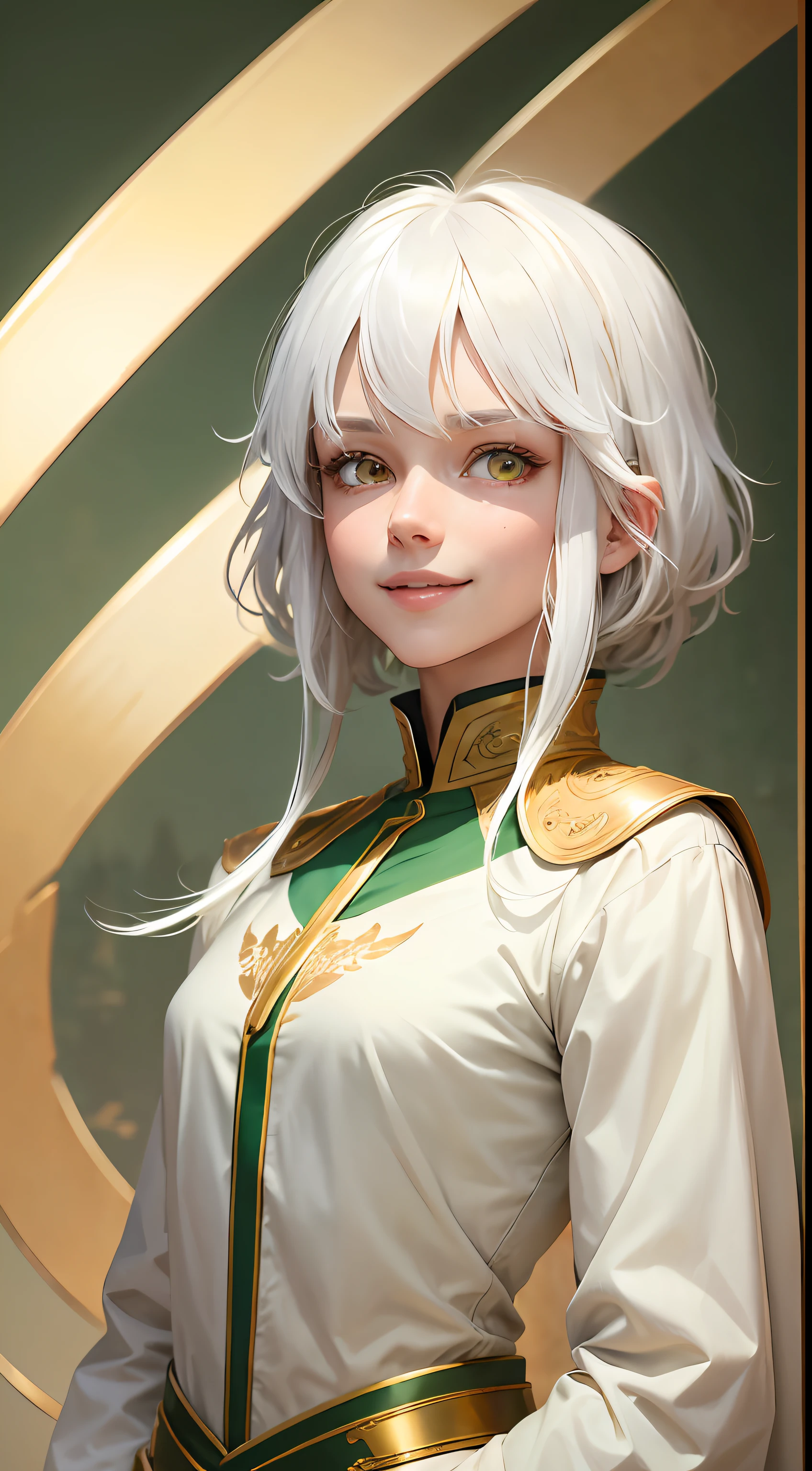 best quality, white hair, gold eyes, green clothes, looking up, upper body, hair strand, Fair skin, smiling