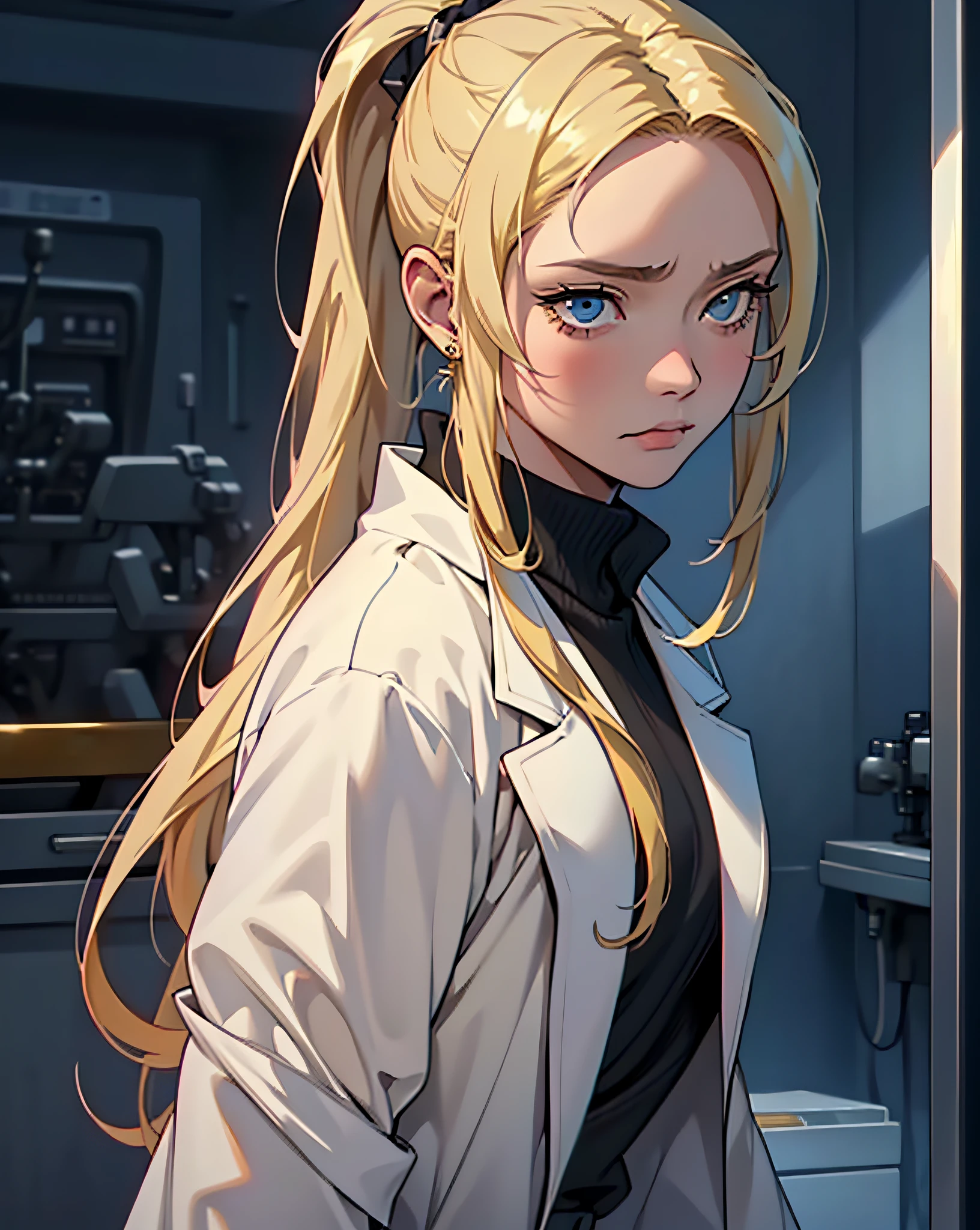 ((1girll))), malefocus, tmasterpiece, high high quality, (tmasterpiece:1.2), (best qualityer:1.2), shiny skin, realisticlying, opulent, 复杂, ((blond hairbl)), (High ponytail), White coat, The expression is sad, ellegance_clothes, hospitals, Melancholy Look , (The upper part of the body), (Sexy)