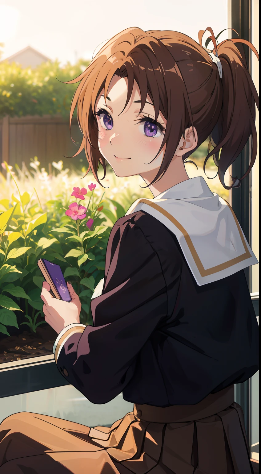 kitauji_high_school_uniform, (masterpiece), (best quality),1girl, gorgeous, (perfect face), sitting,cozy, calm, peace, happy, smilling, expressive eyes, cute, garden, nature, skirt, nature, pony tail, purple eyes, brown skirt, traced lights,modern, back light, bright, colorfull