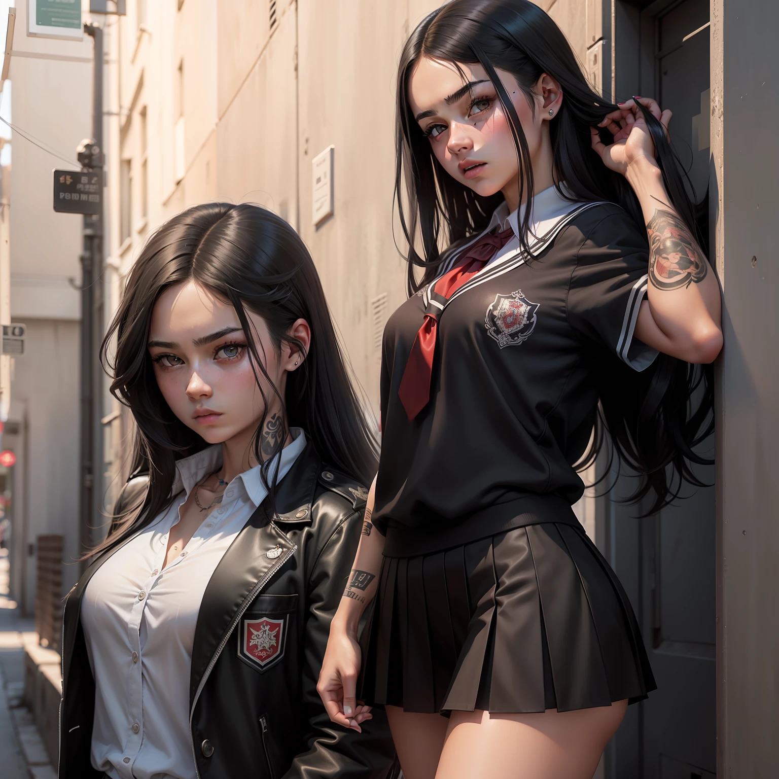 Create the image of a realistic woman with long hair, with some scattered braids,dark brown wavy, same color eyes. light brown skin, with a slight cut on the mouth on the right side. Some blood splatters across your face. Black warrior clothes, pants, blouse and jacket. With a bow and arrow and a sword.darker skin