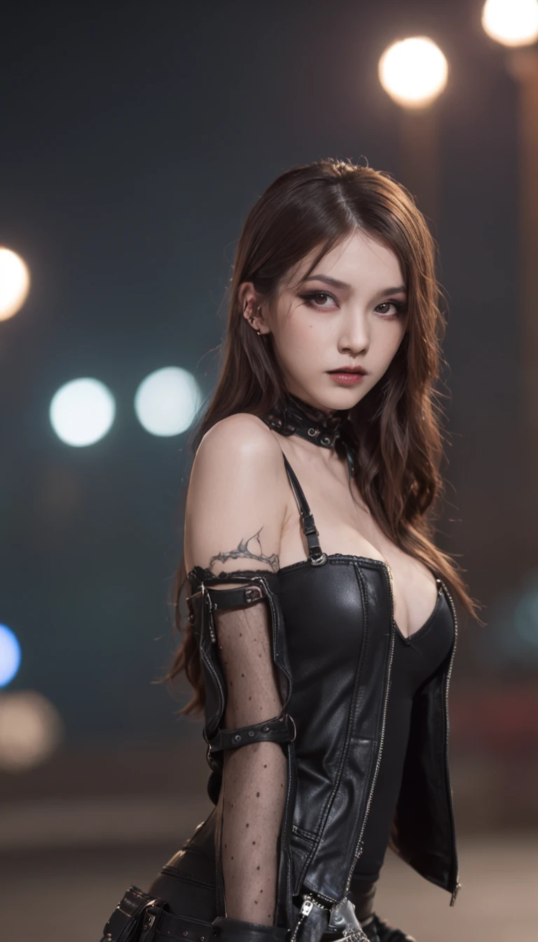 1Punk and goth girl with goth outfit,Sexy,(black leather jacket, mini skirt, Choker, A bracelet:1.1),fishnet stockings, tattoo, Long hair, brown hair,Bare Shoulder, Hair between the eyes, Long hair, oval face, double eyelids, parted lips, blue eyes, 独奏, ((areolas)), Sex,,NSFW,18+,(cleavage),delicate and sexy(鎖骨:1.3), Light-brown hair, (sparkly skin:0.8),(Masterpiece:1.4),(Best Quality:1.4), natural, shiny red lips, perfect abs, (sheer areola), (sheer fabrics),exteriors, City, night time, neon lights , dystopia, night time, future, small breasts