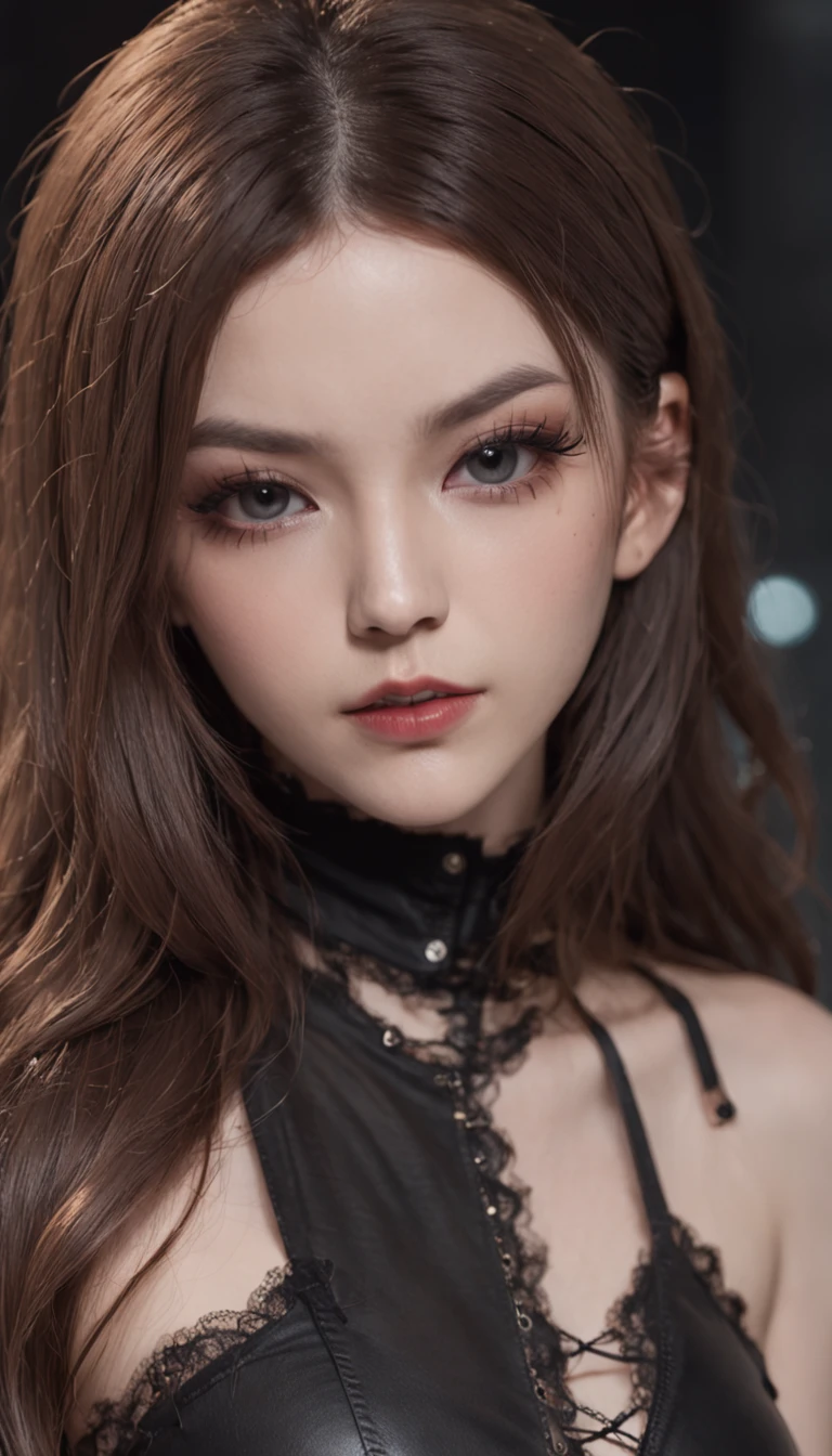 1Punk and goth girl with goth outfit,Sexy,(black leather jacket, mini skirt, Choker, A bracelet:1.1),fishnet stockings, tattoo, Long hair, brown hair,Bare Shoulder, Hair between the eyes, Long hair, oval face, double eyelids, parted lips, blue eyes, 独奏, ((areolas)), Sex,,NSFW,18+,(cleavage),delicate and sexy(鎖骨:1.3), Light-brown hair, (sparkly skin:0.8),(Masterpiece:1.4),(Best Quality:1.4), natural, shiny red lips, perfect abs, (sheer areola), (sheer fabrics),exteriors, City, night time, neon lights , dystopia, night time, future, small breasts