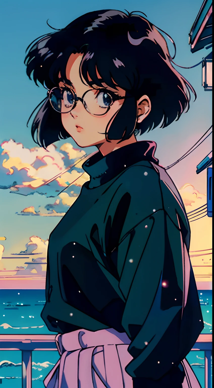 muted pastel colors，Soft picture，Retro anime, 1990s anime, 1980s anime, Retro anime，Retro anime style，Masterpiece, Best quality, 1girll, 独奏, Black eyes, Long black hair，Bob cut，Medium hair, Large round frame glasses，Black sweater，Closed mouth，Simple background, old school anime, beautiful anime