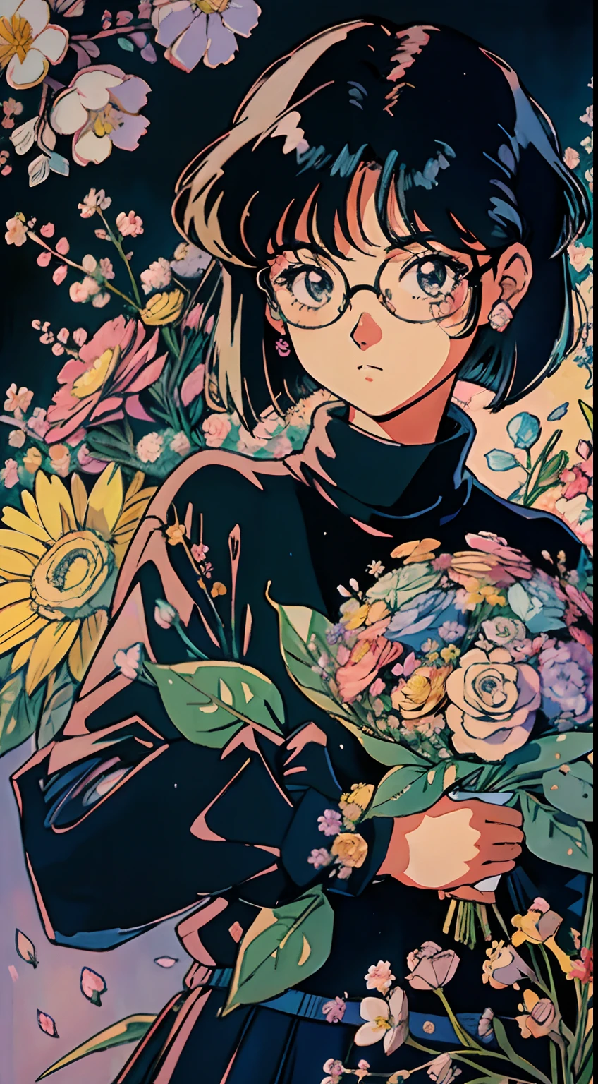 muted pastel colors，Soft picture，Retro anime, 1990s anime, 1980s anime, Retro anime，Retro anime style，Masterpiece, Best quality, 1girll, 独奏, Black eyes, Long black hair，Bob cut，Medium hair, Large round frame glasses，Black sweater，Closed mouth，Simple background, old school anime, beautiful anime,(ultra-detailed background, detailed background), absurdres, highres, ultra detailed, extremly detailed, 1girl, (bunch of flowers:1.3), (zentangle:1.2), (geometric:1.2),(colorfu