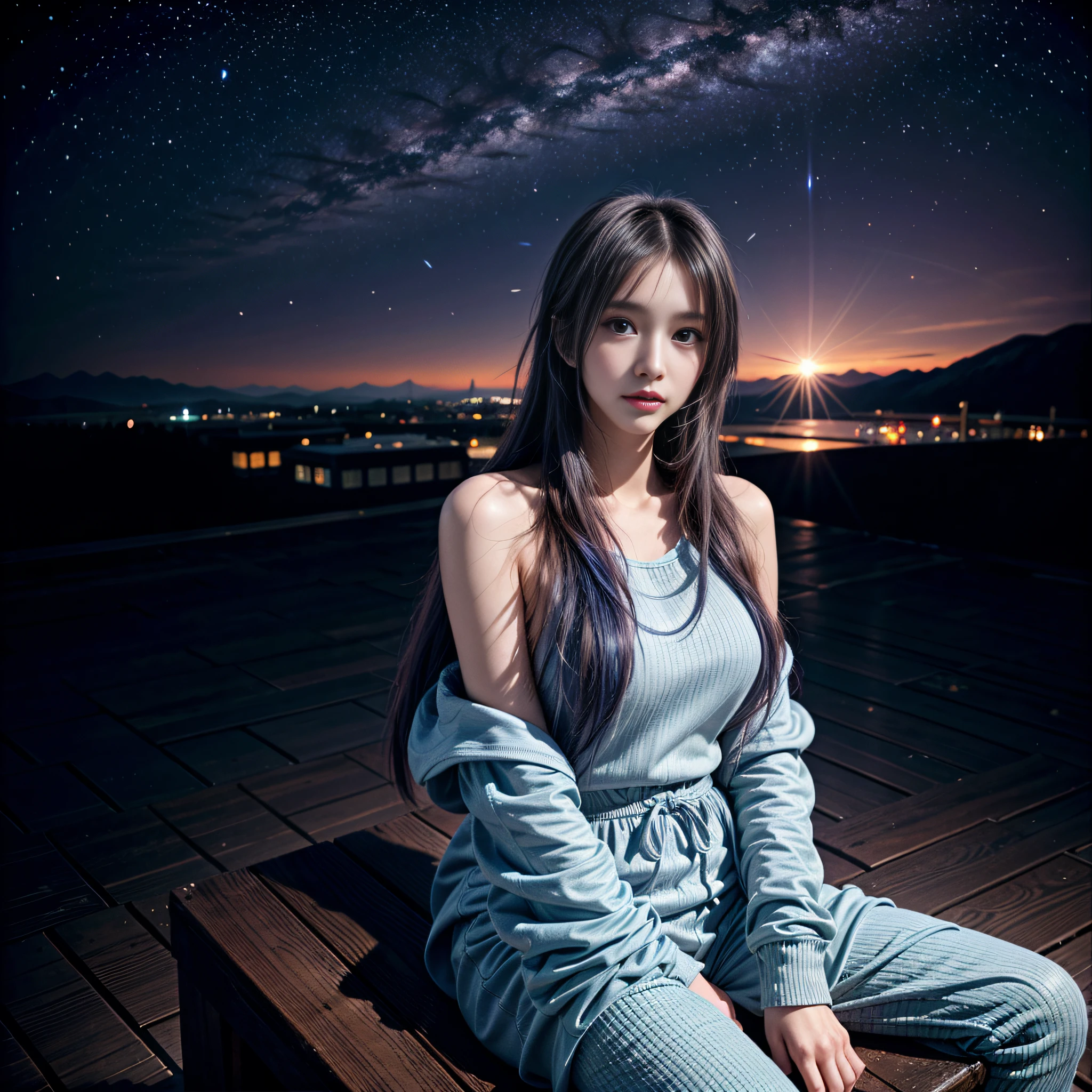 (masterpiece), best quality, ultra high res,little girl, cyberpunk 1girl flying above stunning cityscape ,hoodie,blue hair, neon color shooting stars, very long hair, off shoulder, feather hair ornament, neon colors, flashes, stunning night sky, cinematic lighting, photorealistic, realistic skin, HDR,fisheye