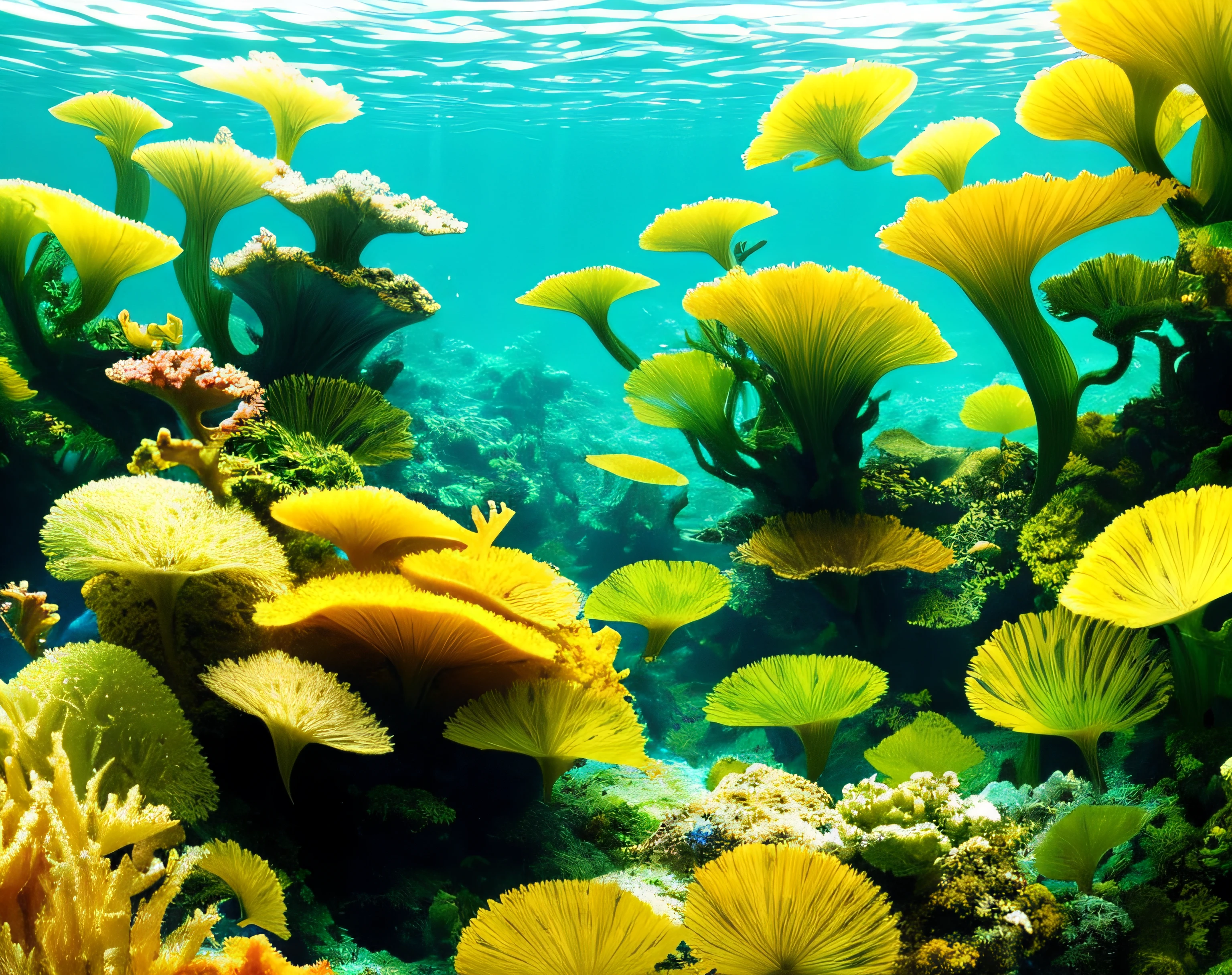 There is a closeup of a yellow seaweed with a blue background, algas amarelas, Floresta de algas, Algas, algas marinhas, algas marinhas, arte digital muito bonita, Ornate translucent algae, alga flutuante, algas flutuantes, underwater landscape, Paisagem profunda de Mandelbulb, underwater setting, 4 k hd wallpaper muito detalhado, Fractais 3D
