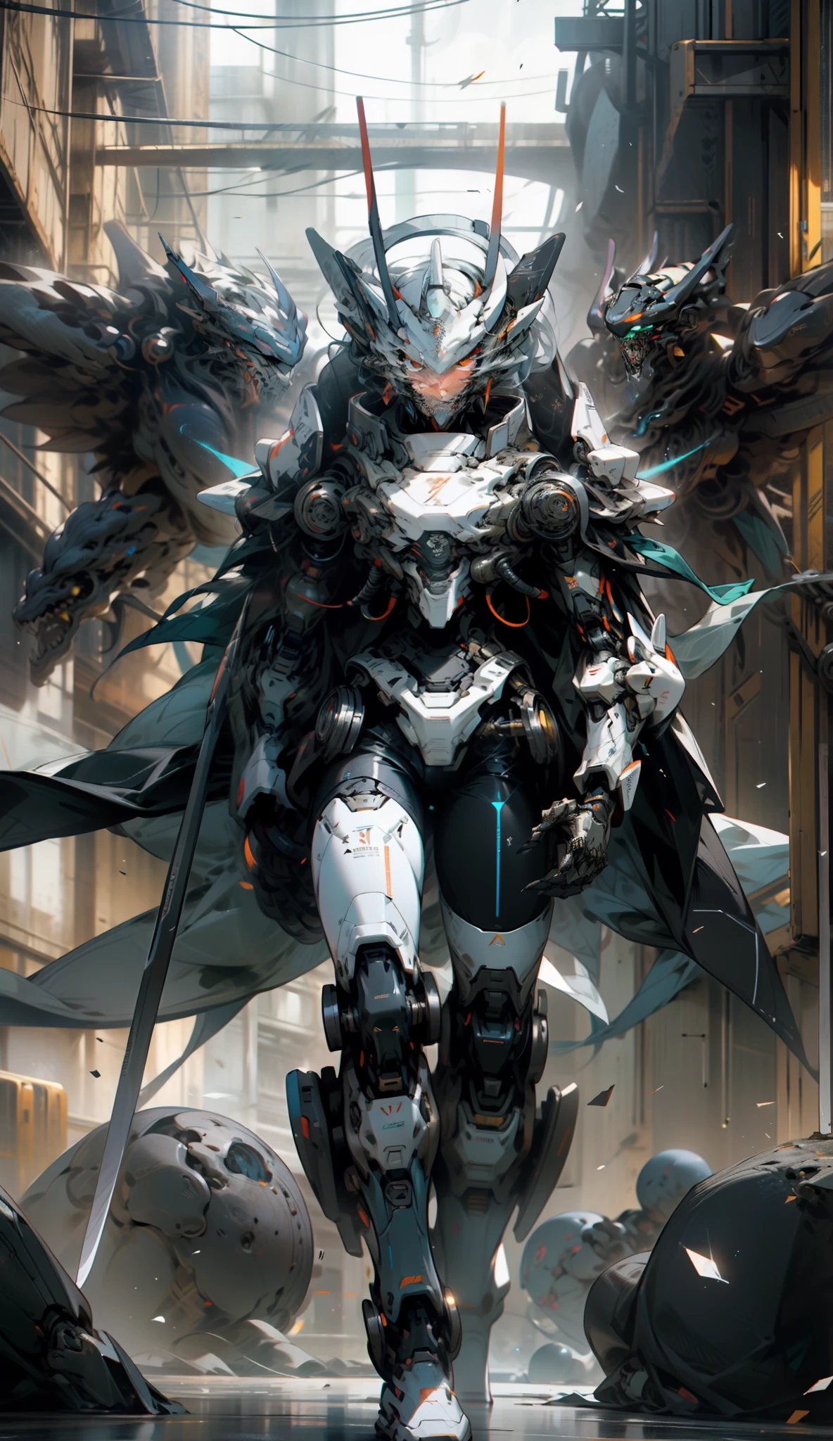 Tall mech，Silver-white body，Black and white，Use the plasma sword，There is a dragon particle effect，Yin and Yang gossip，Formation，mechanical sense，sense of strength，Sense of space，combats，cyber punk perssonage，Human body modification，Structurally sound，Battle instant，high-quality face，4K，High quality，Masterpieces