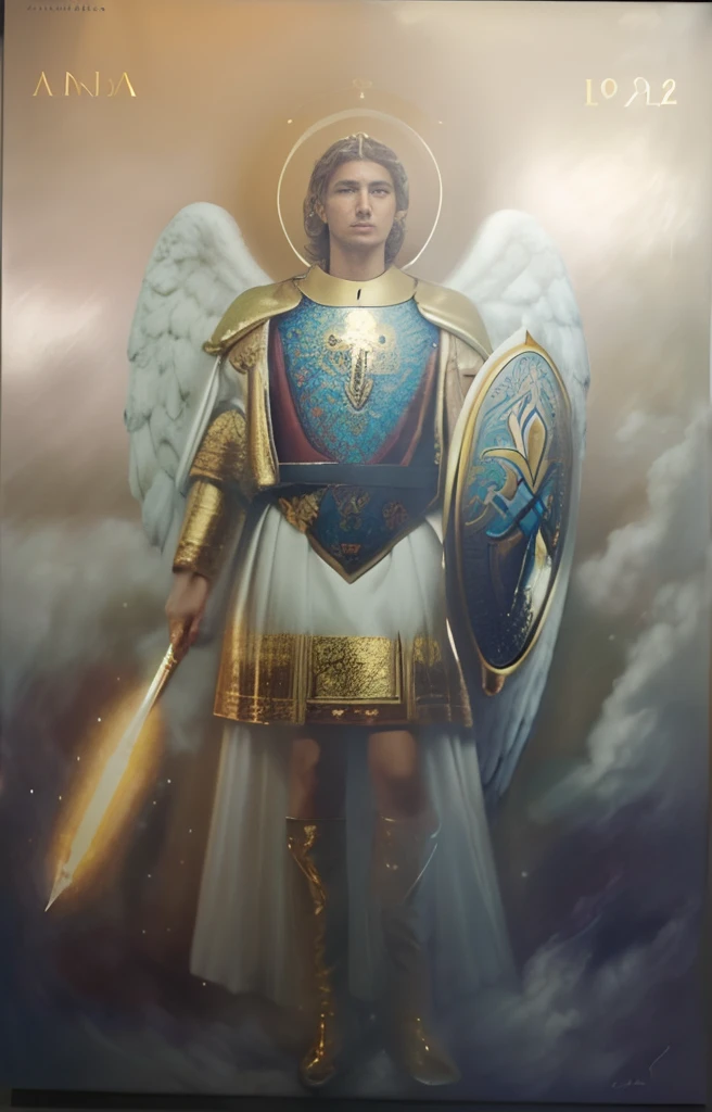 (((Male Saint Michael the Archangel. 19 years old))) ((( Con una cara seria y piadosa. Con una mirada dulce y tierna))) (obra maestra, calidad superior, mejor calidad, arte oficial, beautiful and aesthetic: 1.2), (1girl), extremadamente detallado, (Arte fractal: 1.3), colorido, highest detailed, Cara perfecta, parte superior del cuerpo, HDR, (orando: 1.3), (golden lines of white coat: 1.2), galaxia, (rayas de luz), eye-catching visuals, (dynamic stripes, senderos luminosos: 1.2), colores vibrantes,