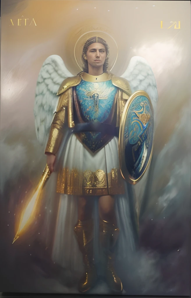 (((Male Saint Michael the Archangel. 19 years old))) ((( Con una cara seria y piadosa. Con una mirada dulce y tierna))) (obra maestra, calidad superior, mejor calidad, arte oficial, beautiful and aesthetic: 1.2), (1girl), extremadamente detallado, (Arte fractal: 1.3), colorido, highest detailed, Cara perfecta, parte superior del cuerpo, HDR, (orando: 1.3), (golden lines of white coat: 1.2), galaxia, (rayas de luz), eye-catching visuals, (dynamic stripes, senderos luminosos: 1.2), colores vibrantes,