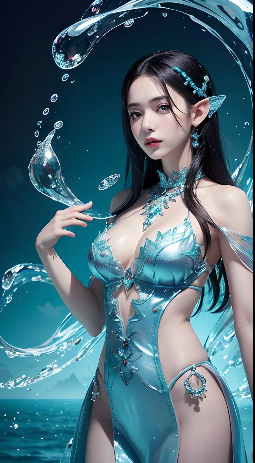 (tmasterpiece,top-quality,optimum,offcial art,Beautiful and aesthetic,Long exposure:1.2),Smooth movement,Charming Patterns, 1 rapariga,Adult Russian woman,freckle,jade Eyes,Black lob hair,Lots of bubbles, sportrait,独奏,The upper part of the body,Gaze the observer,detailedbackground,Detailed face,(crystallineAI, crystalline theme:1.1),Elemental Water Elves,Swirl water,Control the water,Clothes for fantasy magicians,dynamicposes,particles floating,Ethereal power,Eau,vaporous,the ocean in the background,blue tint,shores,Ethereal atmosphere