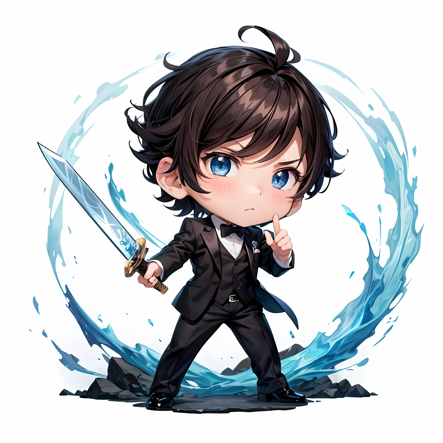 chibi, ((fullbody)), 1boy in black suit jacket, very short brown hair, blue eyes, sword in hand, chibi style, white background