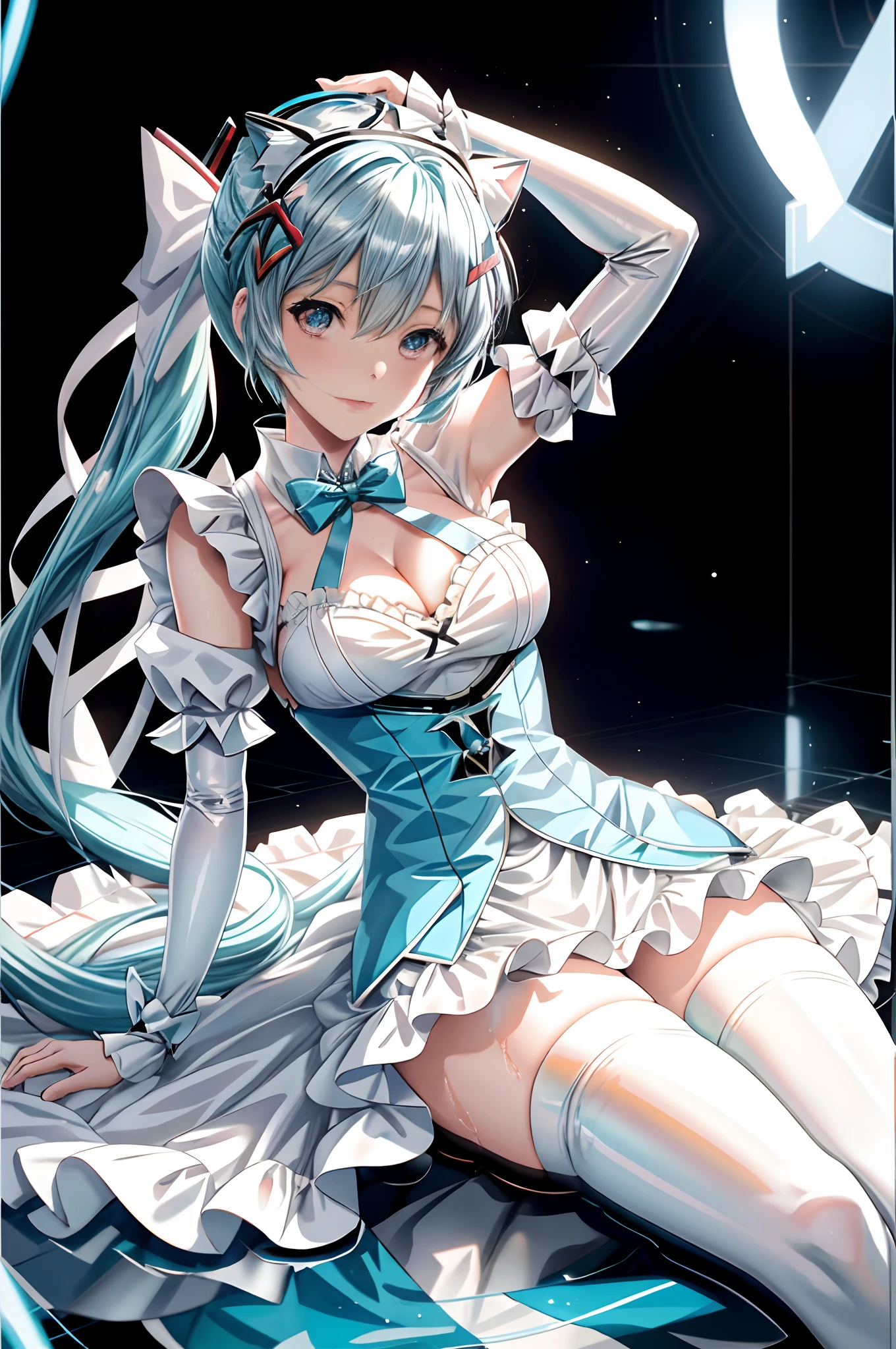 There is a woman in a white dress and blue hair posing, Rem Rezero, Rei Ayanami, ayanami, Hatsune Miku cosplay, Anime girl cosplay, Anime cosplay, mikudayo, cosplay foto, cheerfulness!!!, Also, 2 b, 2b, cosplay of a catboy! maid! dress, , cosplay,,big breasts exposed cleavage,drenched all over the body,Flame it up,Raised sexy,Desire expression,Pubic hair shows through,Naked,lying down,Two ponytails