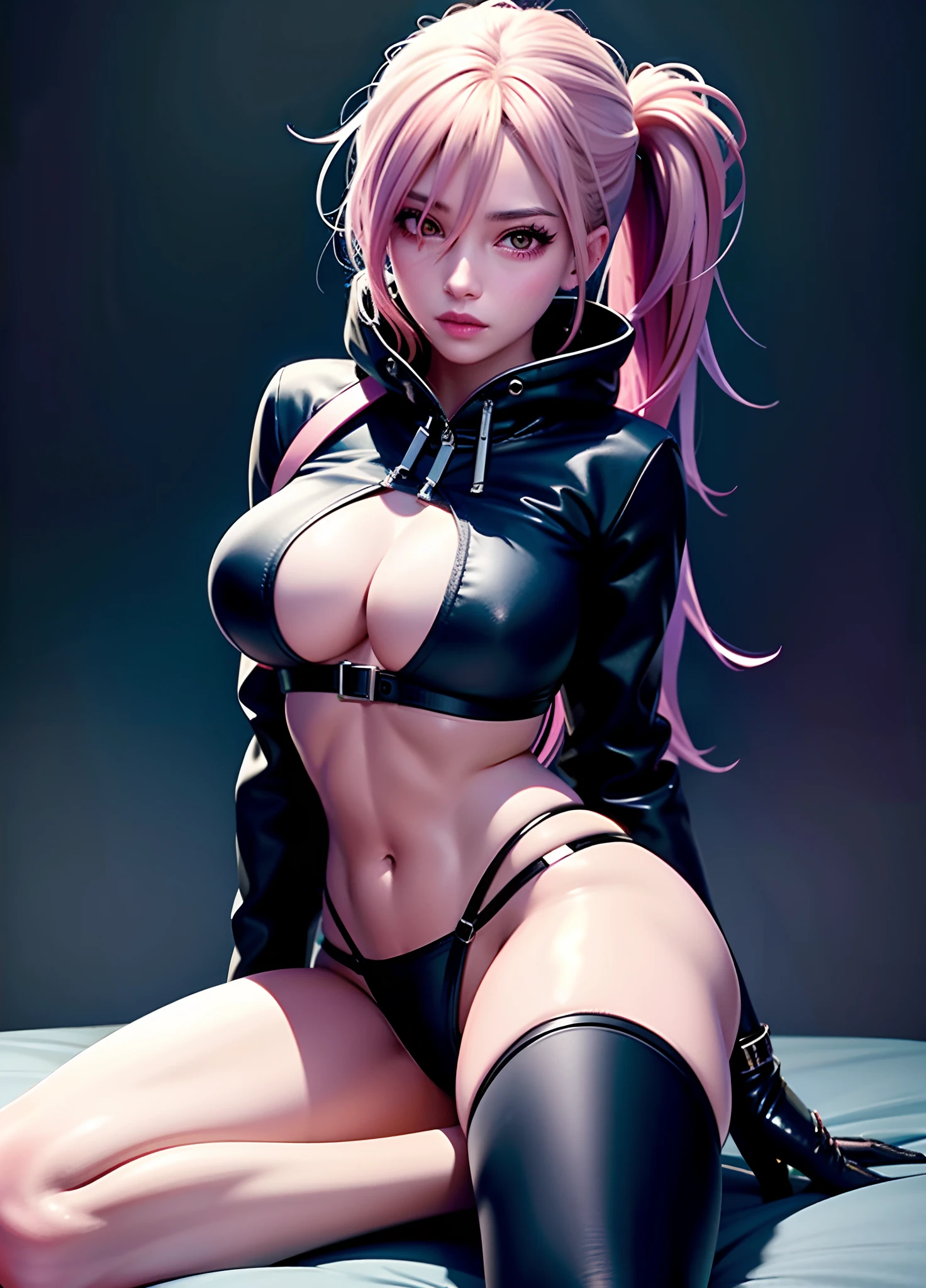 Close-up of a person with a very beautiful body and a very sexy body, cyberpunk anime girl, female cyberpunk anime girl, anime cyberpunk art, Digital cyberpunk anime art, cyberpunk anime art, cyberpunk anime girl in hoodie, - Anime art,pink tattoo,There is a tattoo on the stomach,Blue double ponytail,Lie down in bed,Flame it up,lusting,soaking wet
