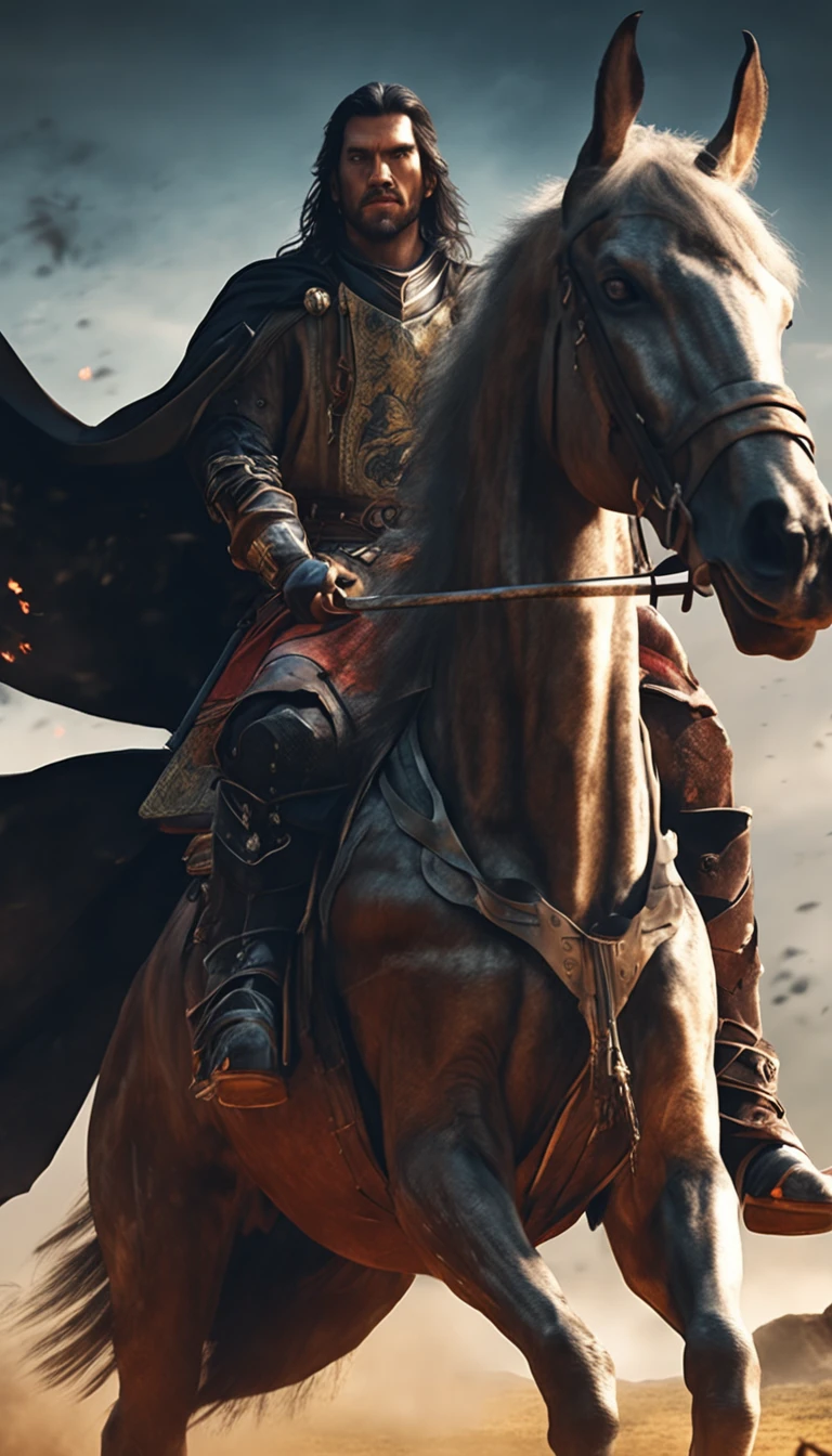 in a panoramic view,magic realism, anime big breast,Masterpiece, hyper HD, Super detail, High details, Best quality, A high resolution, A high resolution, Award-Awarded, Award-Awarded, Anatomically correct, 8K,),(A man on a horse,Sword in hand, poster art inspired by Kanō Hōgai, trending on pixabay, Renaissance, Solomon Kane, As Solomon Kane, the third horseman, samurai movie poster, Wuxia, horse warrior, Tim BradStreet, vampire hunter d, Horseman of Apocalypse, genghis khan, arabian samurai)