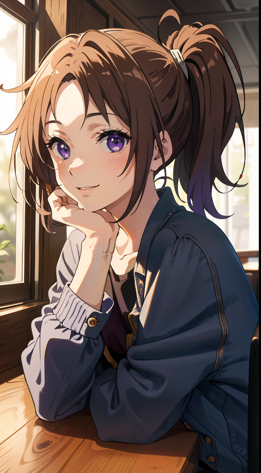 jacket, (masterpiece), (best quality),1girl, gorgeous, (perfect face), sitting,cozy, calm, peace, happy, smilling, expressive eyes, cute, wood, table,  nature, pony tail, purple eyes, coffe shop, traced lights,modern, back light, bright, colorfull