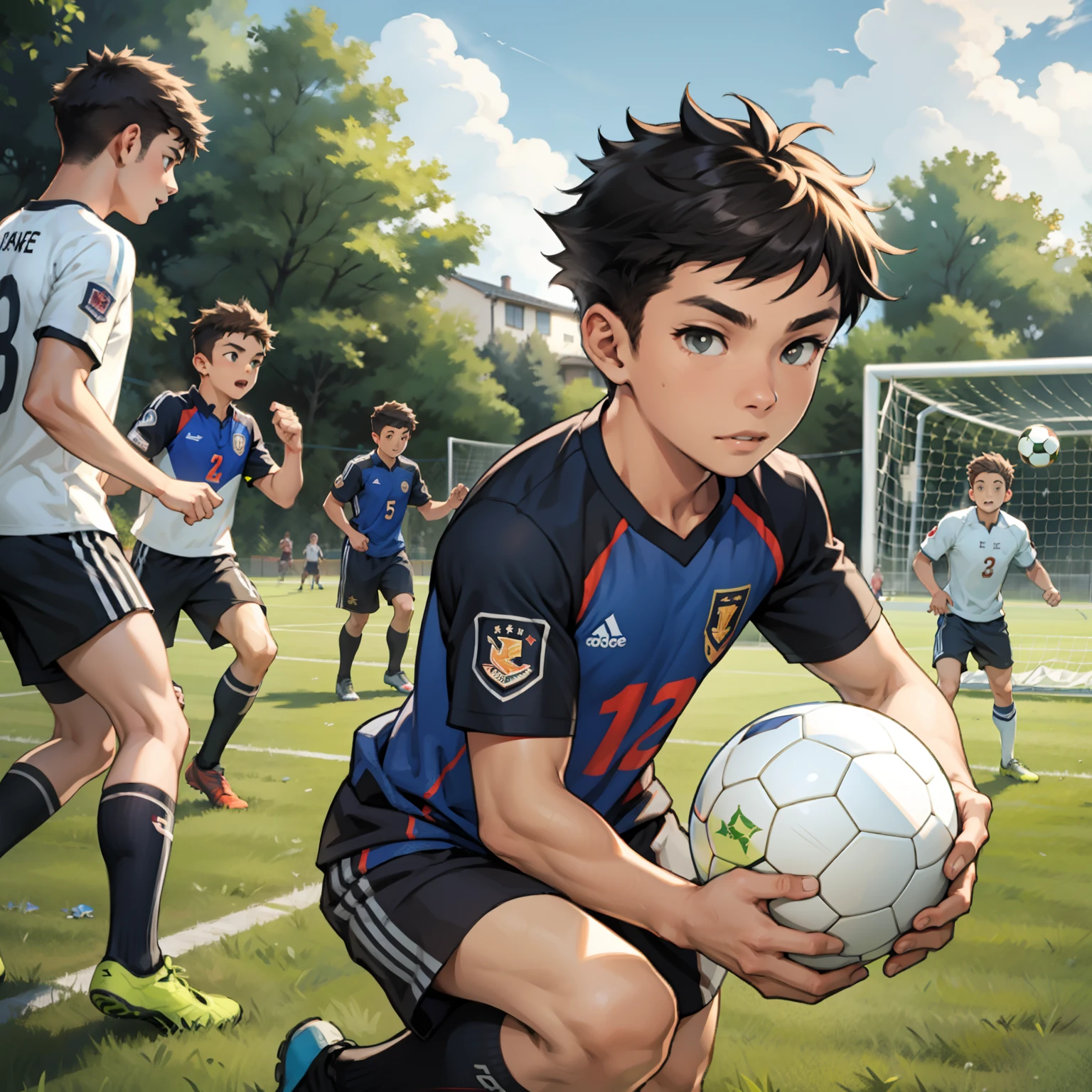 The boys are playing soccer,soccer court
