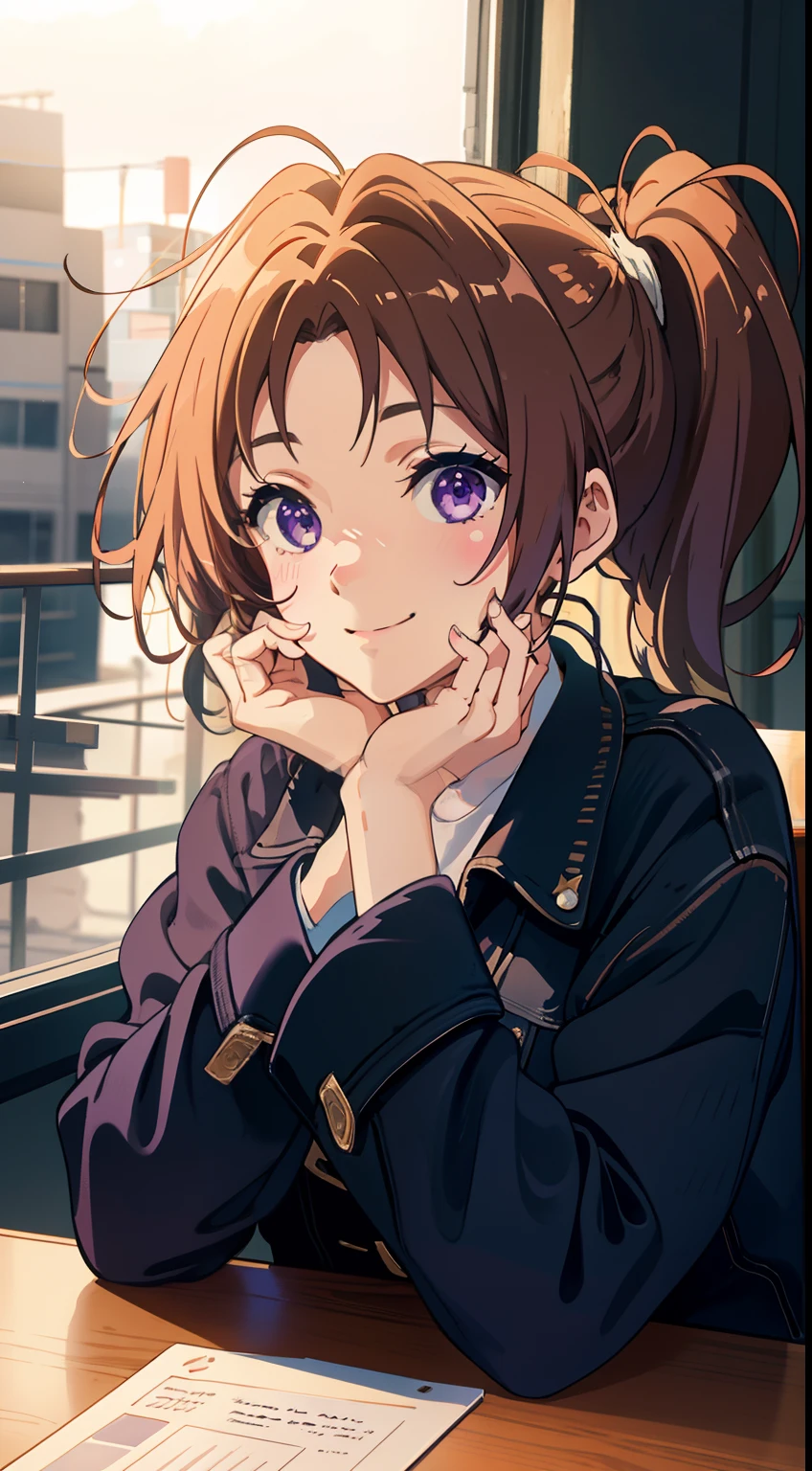 jacket, (masterpiece), (best quality),1girl, gorgeous, (perfect face), sitting,cozy, calm, peace, happy, smilling, expressive eyes, cute, wood, table,  nature, pony tail, purple eyes, coffe shop, traced lights,modern, back light, bright, colorfull