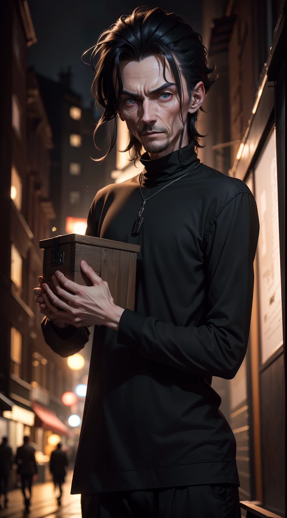ultra realistic 8k image of a thin man, dressed in all black clothes, holding a small wooden box with both hands, looking at the box scared, in a dark street at night