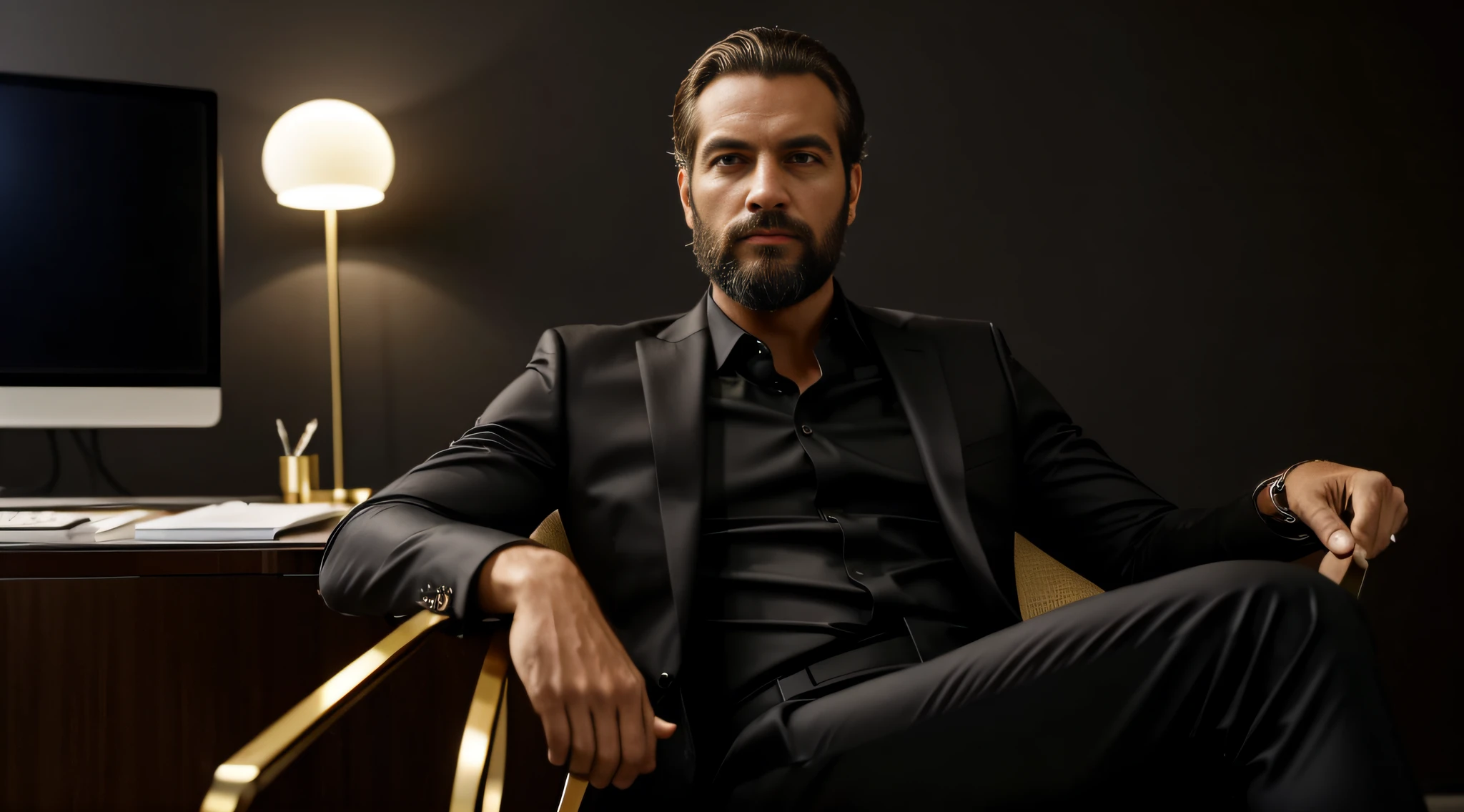 ((meio corpo)) RAW Photo Man Ceo rich elegant gold money sitting in an office chair, usando terno preto, (Usando Barba) cena de filme, (Impeccable) ,Serious and elegant man, com sobrancelhas masculinas grossas, (with a mysterious and serious face,) cabelo escuro curto, imagem de fundo preto escuro, elegante, ( alta qualidade e imagem realista), ((Melhor Qualidade, 8k, Obra-Prima)