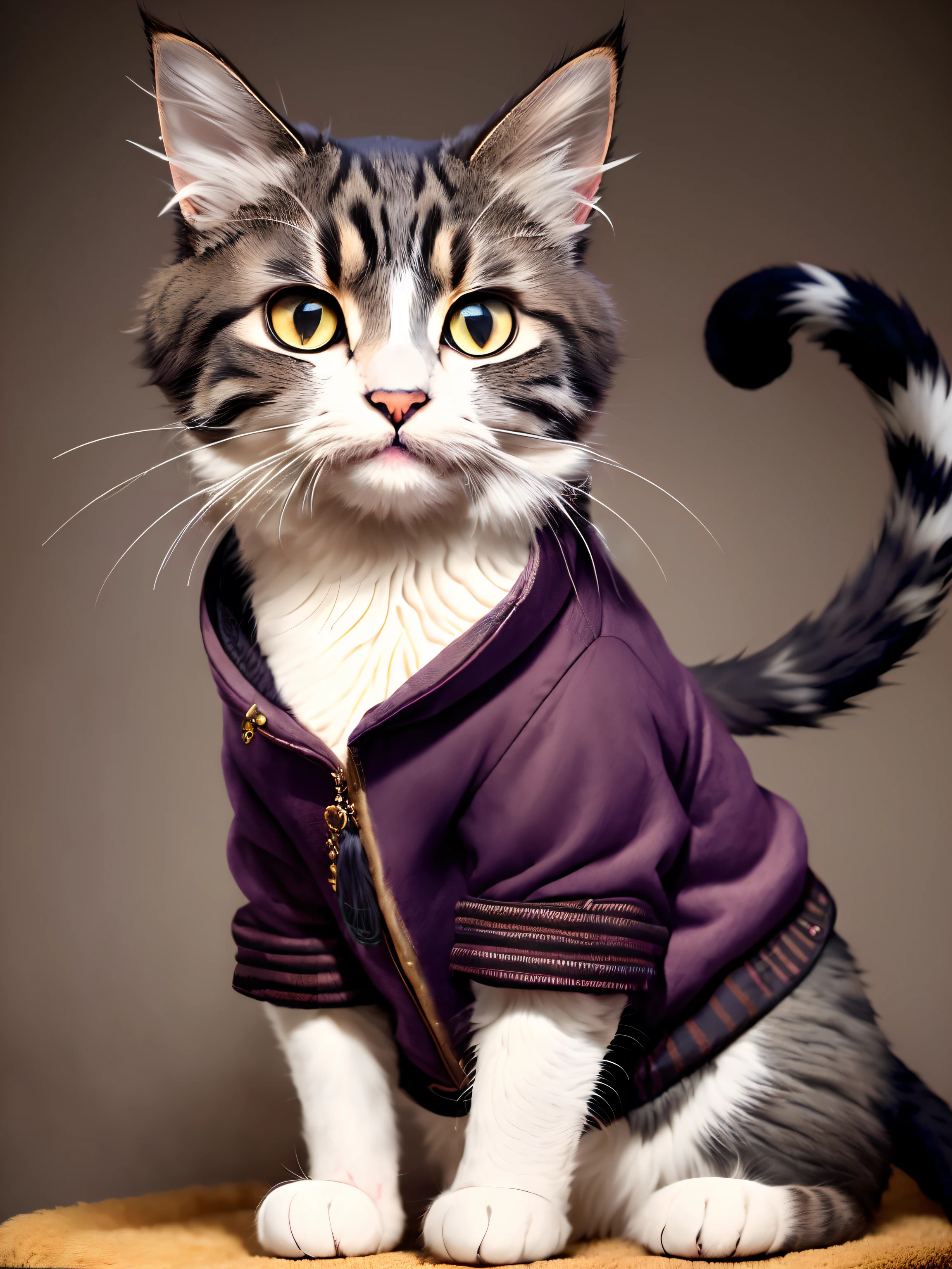 ((a cat in clothes)),full shot,fluffy hair, anthropomorphic expressions, rich colors, exquisite details, masterpiece, realistic,artsation, cg, realistic, Unreal Engine , real light and shadow, beautiful rich colors, amazing details, high quality,a pair of ears