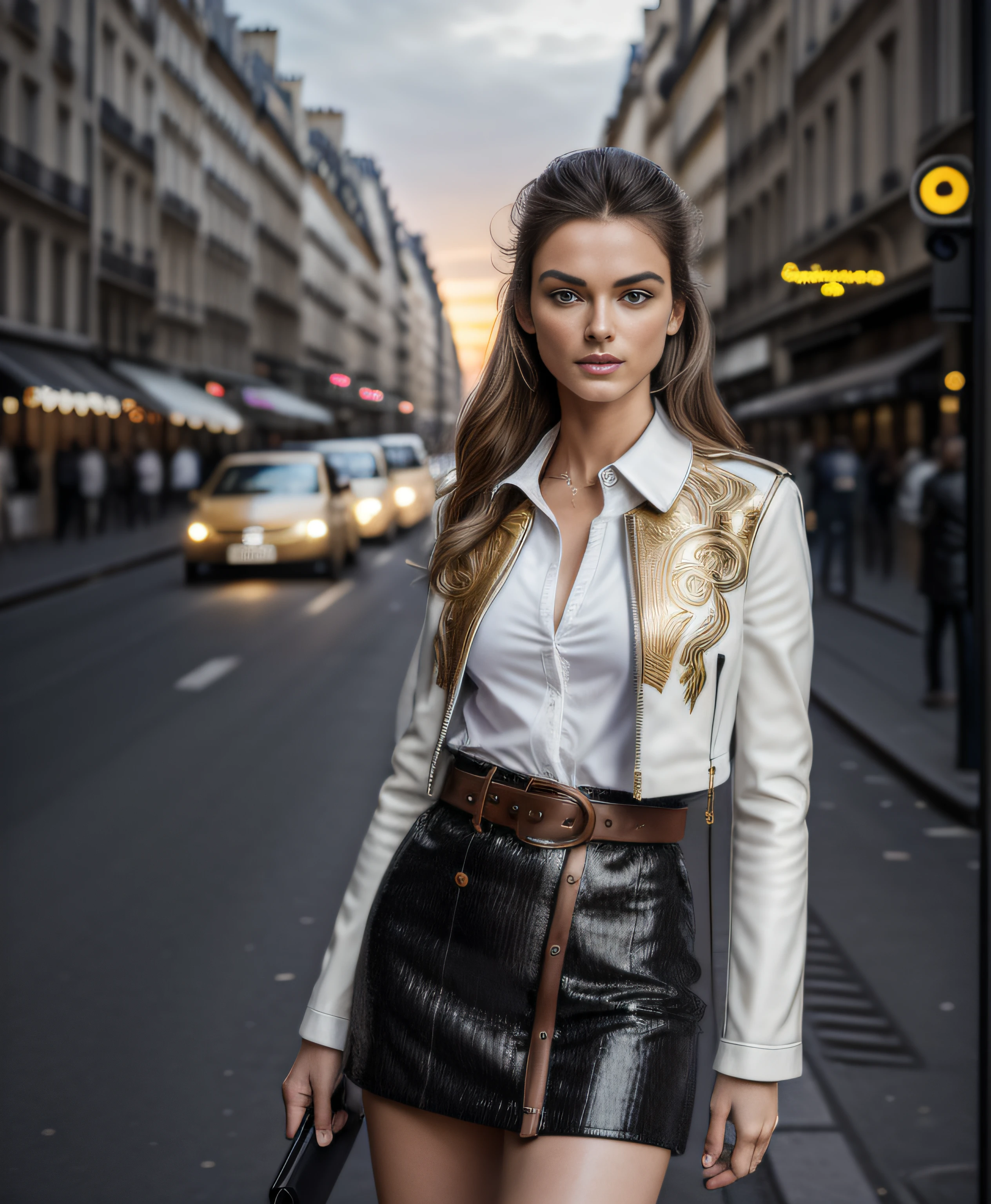(masterpiece, photorealistic), (F/1.4, Sony a7R IV) raw, portrait of an attractive European supermodel girl, full view, wearing a very fashionable and creative and rare black leather jacket and a white striped shirt under a fashionable suit and Brown belt, standing on the street with a very famous pose, photography and modeling pose, modeling pose, monitor and New York Times street, cities in the background and passersby in the background and bokeh, very detailed and symmetrical face, detailed lips, belt, detailed eyes, perfect legs, paris city background and sunset and sunset golden sky, bokeh, precise finger, wonderful and creative pose, real photo, busy street, kodak, old cinema colors, super detailed details, Slow shutter speed, stretched lights and movement, bokeh