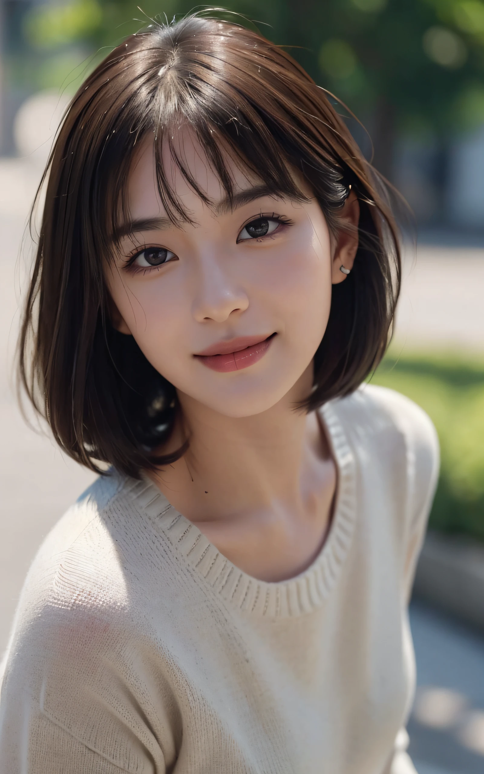 masterpiece, top quality, official art, highly detailed CG unity 8k wallpaper, single girl, ultra high definition, (photorealistic: 1.4), golden hour lighting, sweater dress, (upper body), (Kpop Idol), (charming: 1), (platinum short hair: 0.8), ((puffy eyes)), looking at the viewer, facing forward, smiling, laughing,middle chest, Shirt lift, gloves, short hair