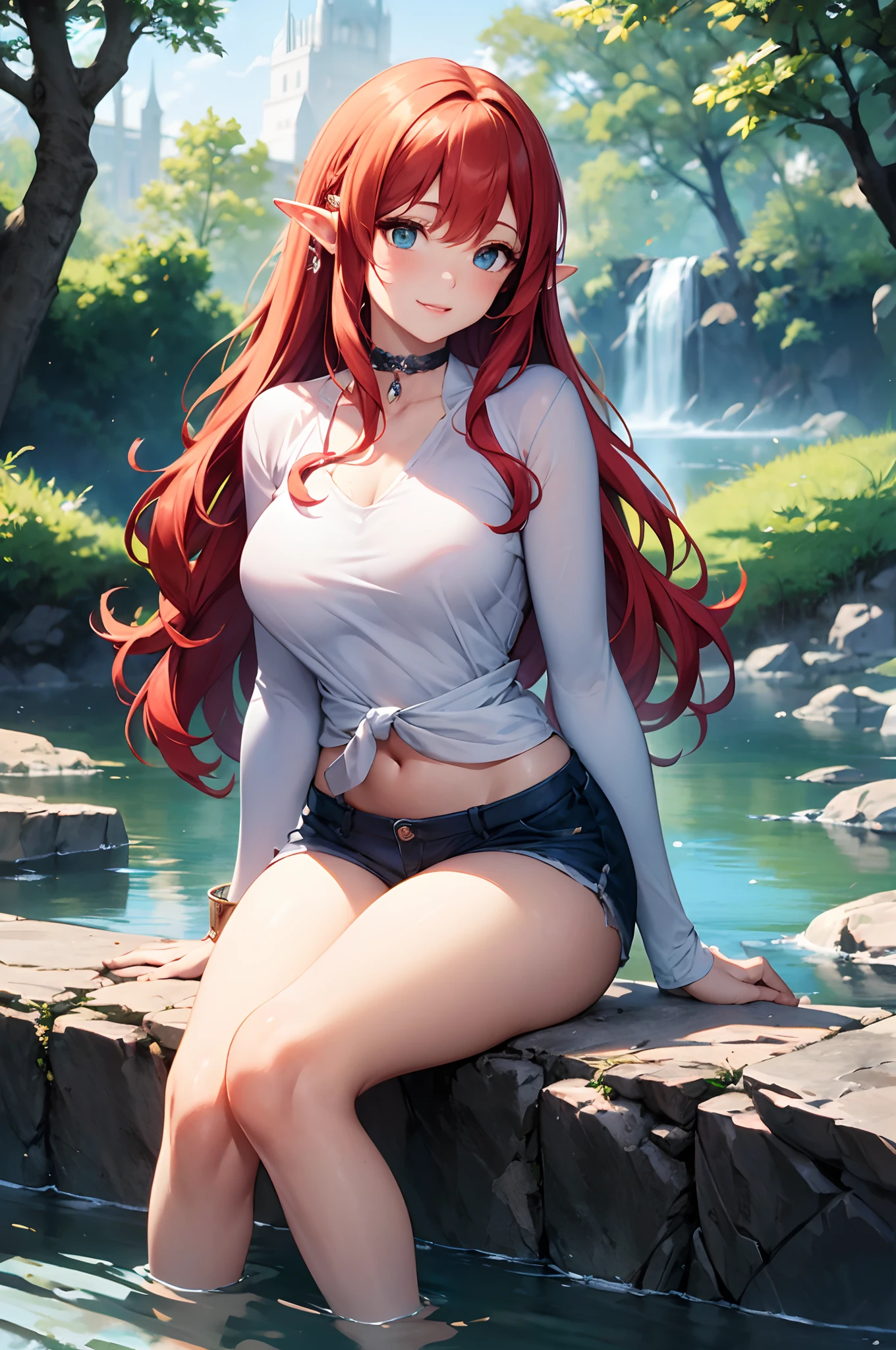 Big breasts, (best quality)), ((masterpiece)), (detailed), ((beautiful elf, solo, ethereal beauty)), fantasy illustration: 1.5), charming look, supernatural charm, mystic sky (( red hair, white locks)) ((wavy hair)) perfect eyes, has an extremely sexy body, with big breasts and a thin waist, and an extremely sexy body, top sleeve blouse colorful printed linga, short shorts printed with blue flowers has a bold look with flower details on the outfit. young, quality, realistic, best quality, shy smile, cute expression, stones, natural light, magical environment, dark sky, choker, trees, sitting on rock, water touching feet, looking away, sideways pose