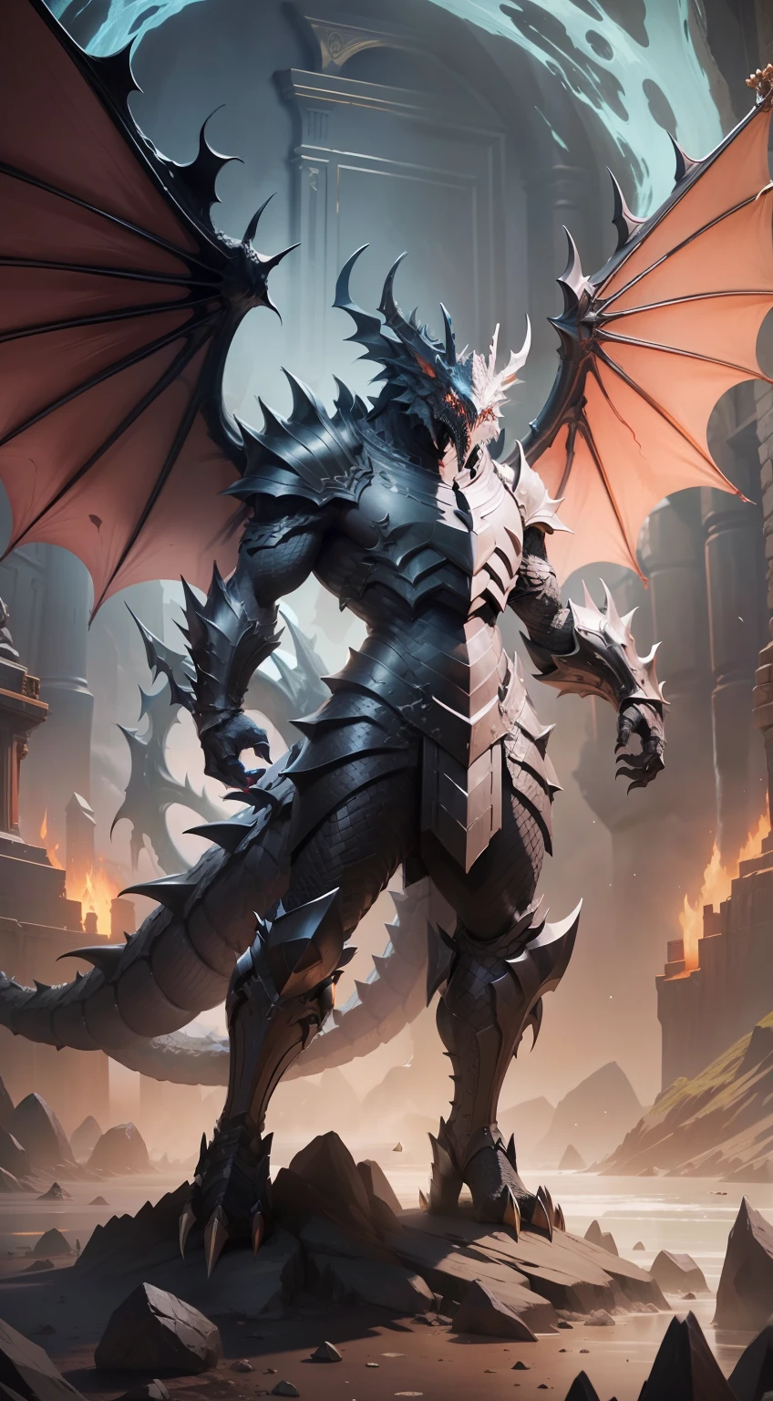Large dragon like maw, clawed hands, body fully covered in black scales, wearing intricate full body armor without the helmet, sharp teeth, multiple rows of teeth