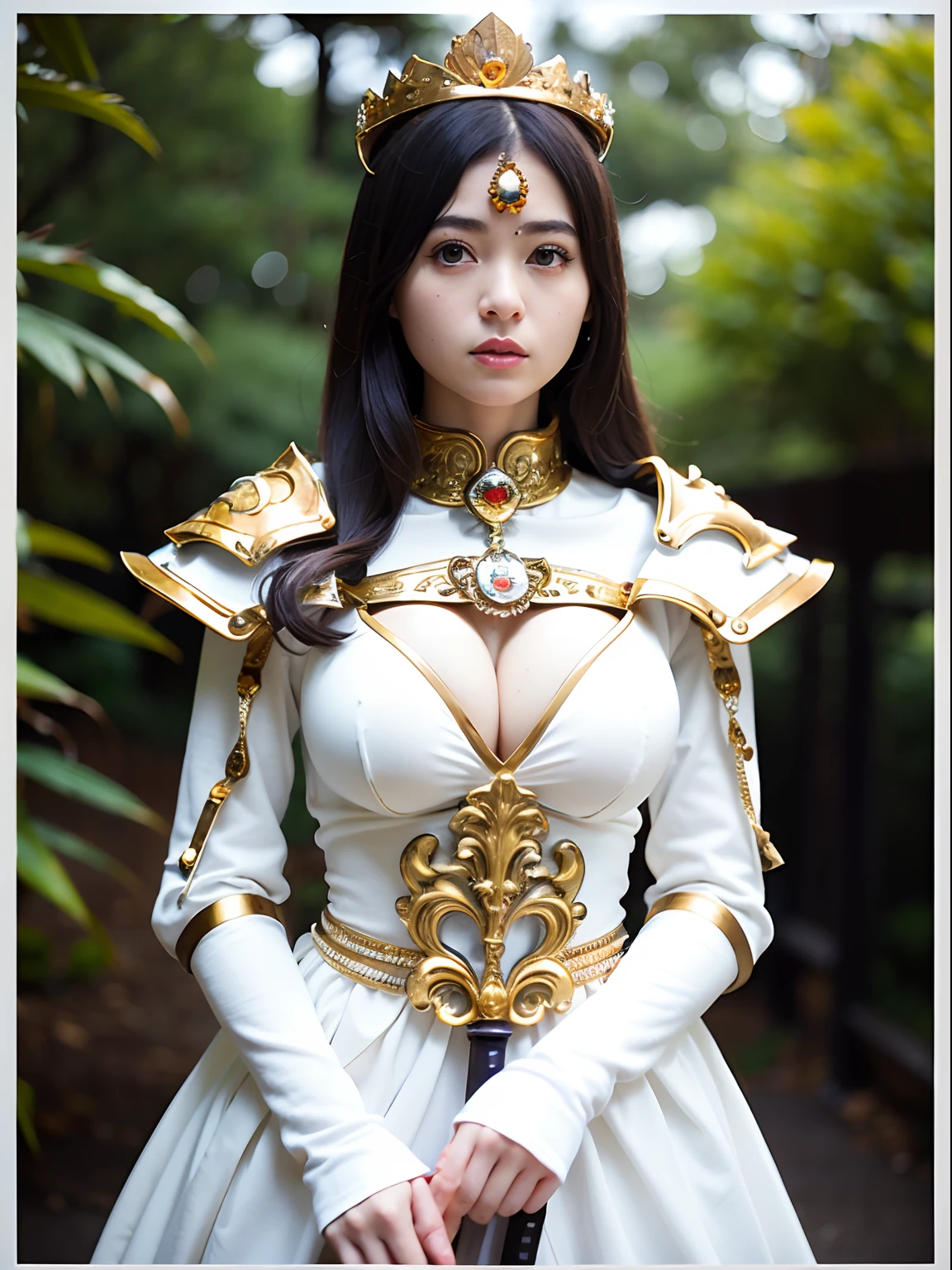 (masutepiece), Professional , masterpiece、top-quality、photos realistic , depth of fields (Gemstone Silver Metal Body:1.9),(Matte White、Jewel Gold Weapon(Jewel Metal Body:1.4),Gorgeous metal weapons , Detailed Sword of the Brave , Beautiful knife ,warhammer 40k , adepta sororitas,Detail and ornate jewel crown、Black hair、Gangle's forest background、Beautiful Caucasian beauty、1a person、dynamic ungle,(((Detailed and ornate diamond crown)))、Smaller head、A smile、Background inside the castle、Thin and beautiful female hands、cleavage of the breast、Soldier in iron armor on background、Soldier in iron armor on background、Mystical expression、Light Effects、