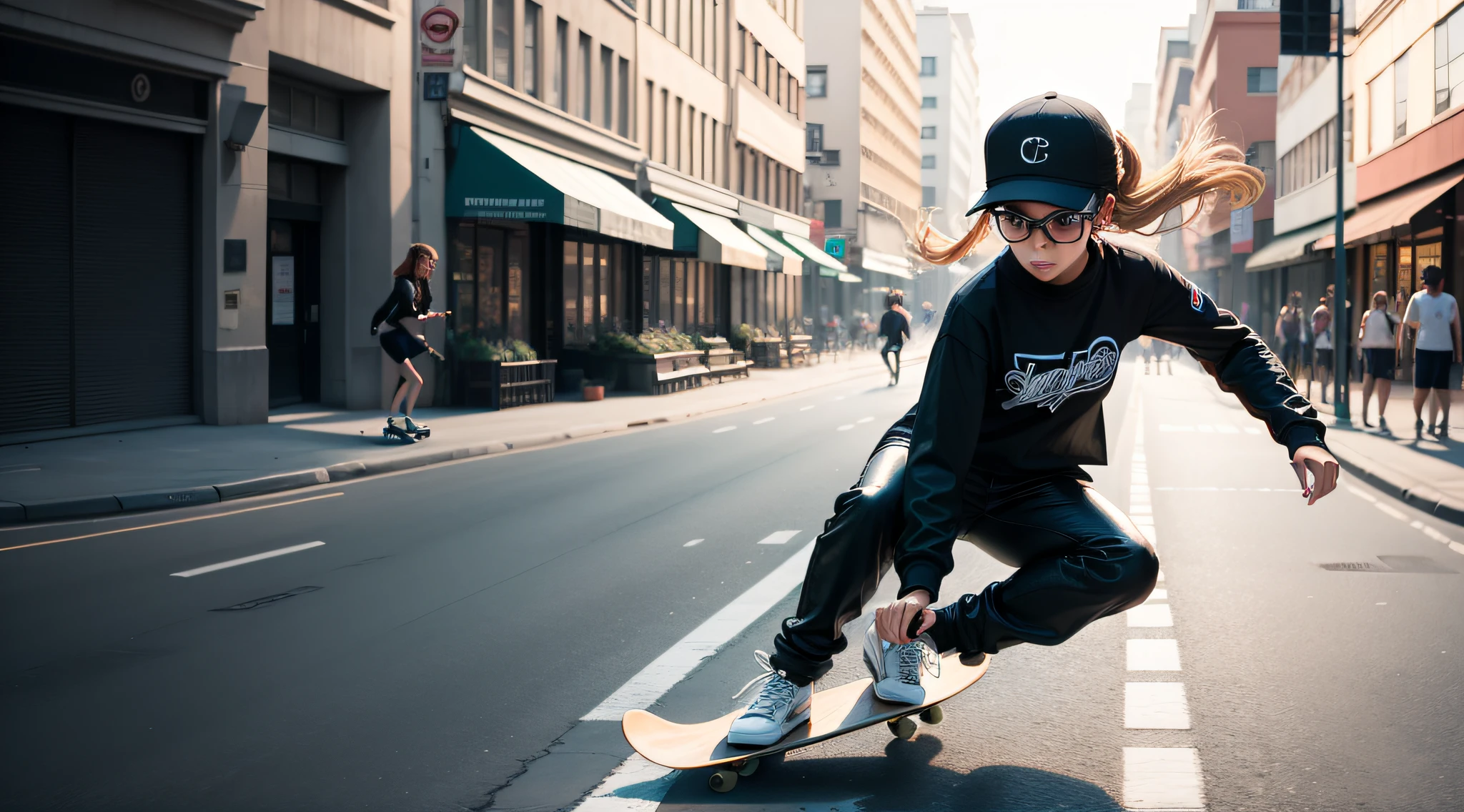 the city street,Cool girl skateboarding,black-clad,photorealestic