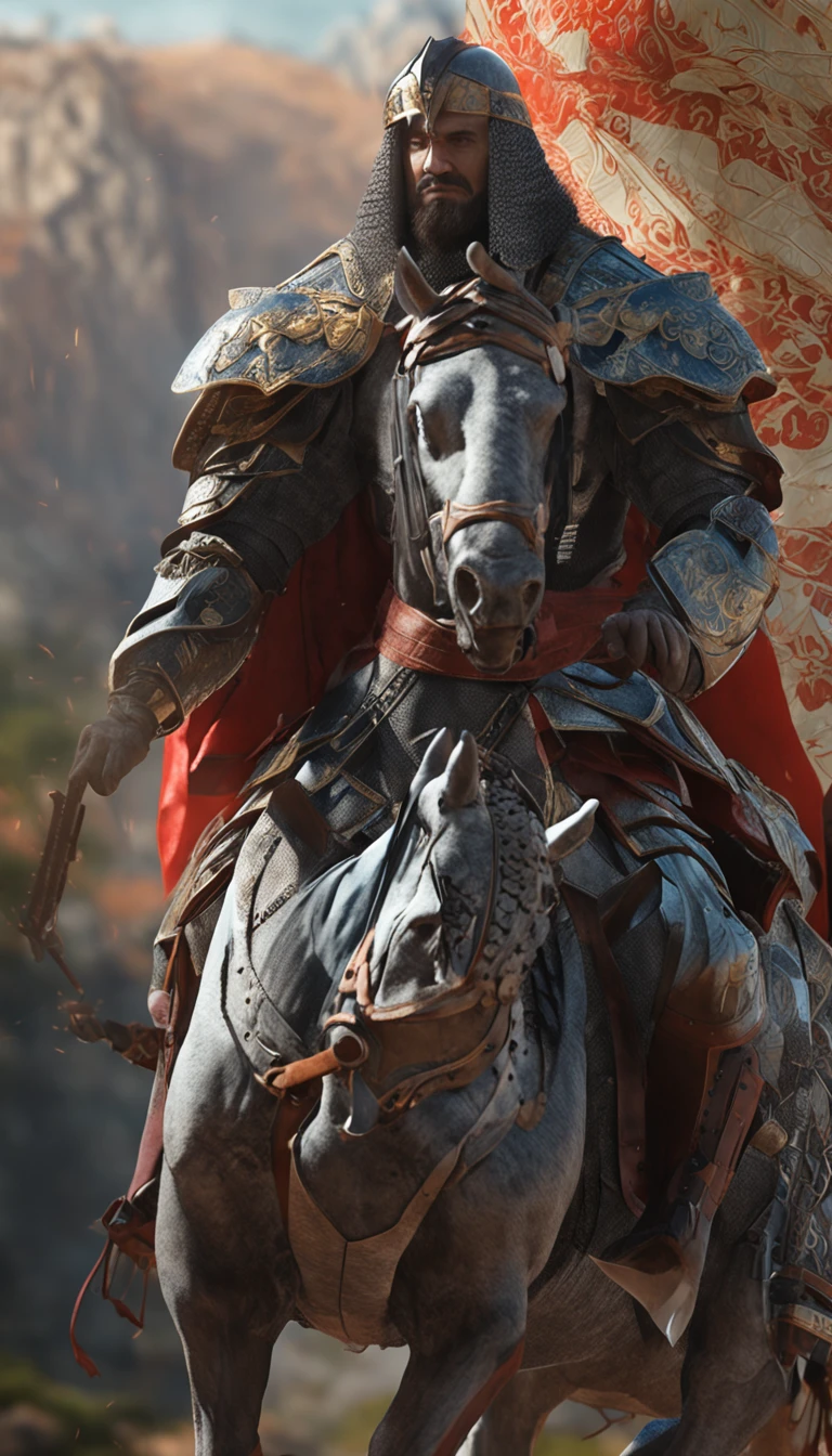 in a panoramic view,magic realism, anime big breast,Masterpiece, hyper HD, Super detail, High details, Best quality, A high resolution, A high resolution, Award-Awarded, Award-Awarded, Anatomically correct, 8K,),(Portrait of a noble knight,dignified),(A man on horseback,Sword in hand, poster art inspired by Kanō Hōgai, trending on pixabay, Renaissance, Solomon Kane, As Solomon Kane, the third horseman, samurai movie poster, Wuxia, horse warrior, Tim BradStreet, vampire hunter d, Horseman of Apocalypse, genghis khan, arabian samurai)