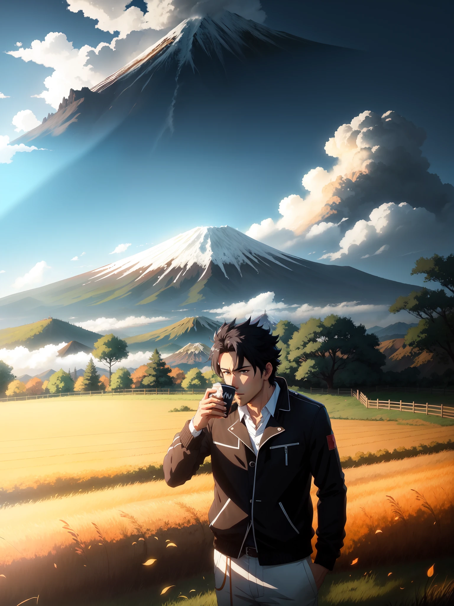 there is a man standing in a field, drink coffee, with a volcano in the background, moutain in background, HD anime pict, black hair, picture by makoto shinkai art, Kyoto animation studio, same hairstyle, trending on cg society, conceptual art, high quality anime movie still, ultra HD 4k, fine detail, as per image, outdoor, pefect hand, anime style eyes.