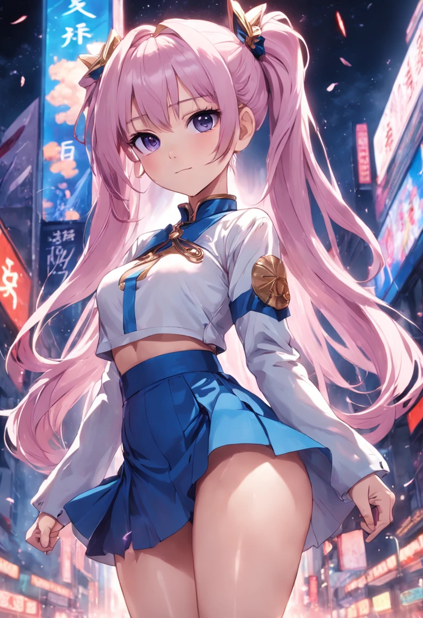 high detal,high high quality,A high resolution,Keqing's personality, the original god, Electronic, white clothes, Purple double ponytail,Short blue skirt,glute,Beth,leg loops,ssmile,Place one hand behind your back,Be red in the face,Flat chest,Above Knees,White flowers fall,