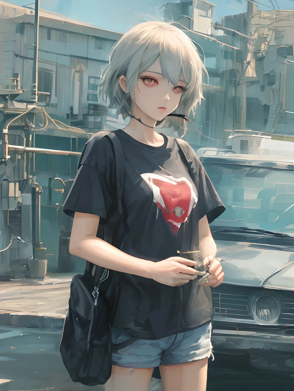 girle smoking at black car,anime,red eyes,what hair,short,t-shirt