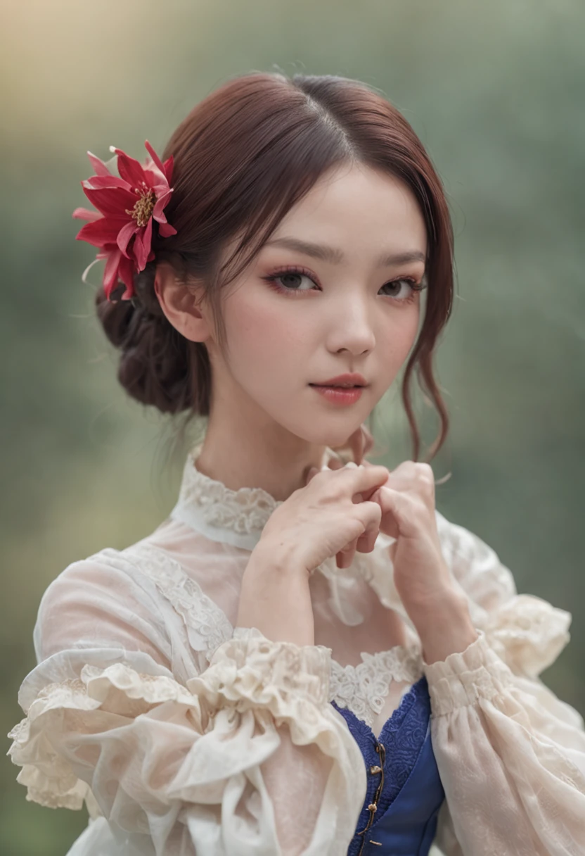 high detal,high high quality,A high resolution,Keqing's personality, the original god, Electronic, white clothes, Purple double ponytail,Short blue skirt,glute,Beth,leg loops,ssmile,Place one hand behind your back,Be red in the face,Flat chest,Above Knees,White flowers fall,