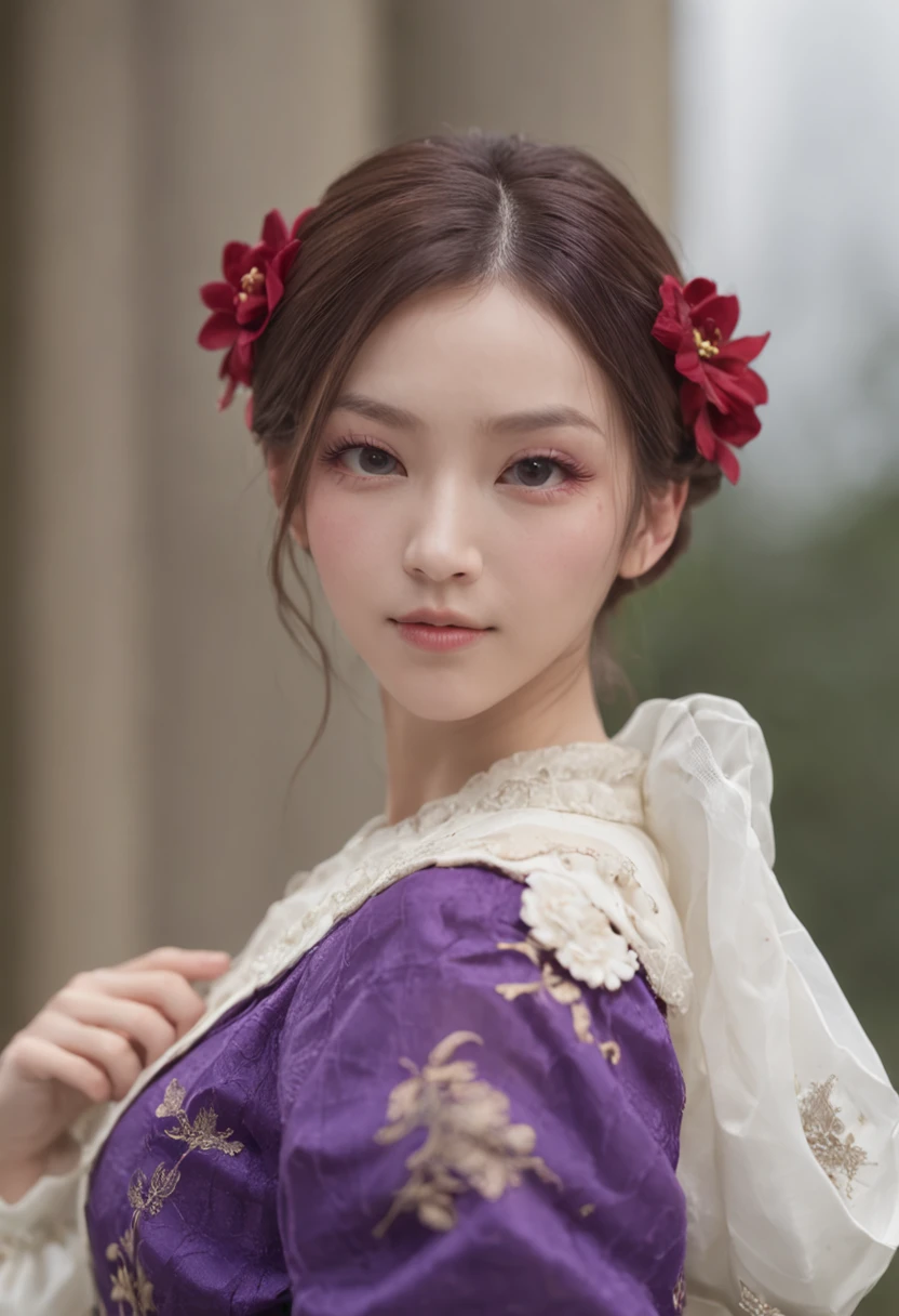 high detal,high high quality,A high resolution,Keqing's personality, the original god, Electronic, white clothes, Purple double ponytail,Short blue skirt,glute,Beth,leg loops,ssmile,Place one hand behind your back,Be red in the face,Flat chest,Above Knees,White flowers fall,