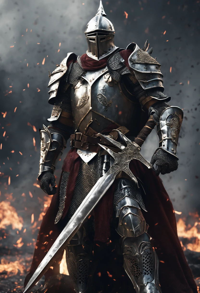 An imposing knight clad in heavy armor stands on the battlefield, wielding a massive battle axe. His armor gleams with metallic luster, showcasing its strength and defensive capabilities. The intricate details of the armor add to its impressive appearance. The background is filled with smoke, creating a tense and intense atmosphere of battle. This high-quality image captures the essence of a heavily armored knight, perfect for projects that require a sense of power and determination.