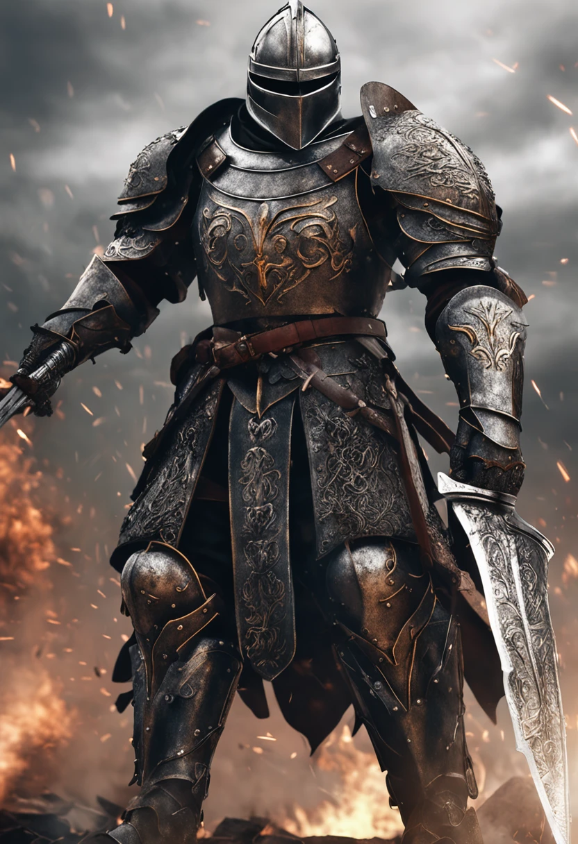 An imposing knight clad in heavy armor stands on the battlefield, wielding a massive battle axe. His armor gleams with metallic luster, showcasing its strength and defensive capabilities. The intricate details of the armor add to its impressive appearance. The background is filled with smoke, creating a tense and intense atmosphere of battle. This high-quality image captures the essence of a heavily armored knight, perfect for projects that require a sense of power and determination.