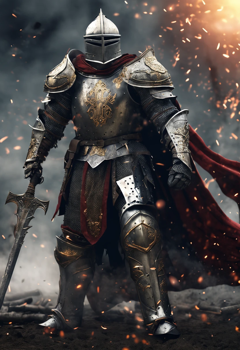 An imposing knight clad in heavy armor stands on the battlefield, wielding a massive battle axe. His armor gleams with metallic luster, showcasing its strength and defensive capabilities. The intricate details of the armor add to its impressive appearance. The background is filled with smoke, creating a tense and intense atmosphere of battle. This high-quality image captures the essence of a heavily armored knight, perfect for projects that require a sense of power and determination.