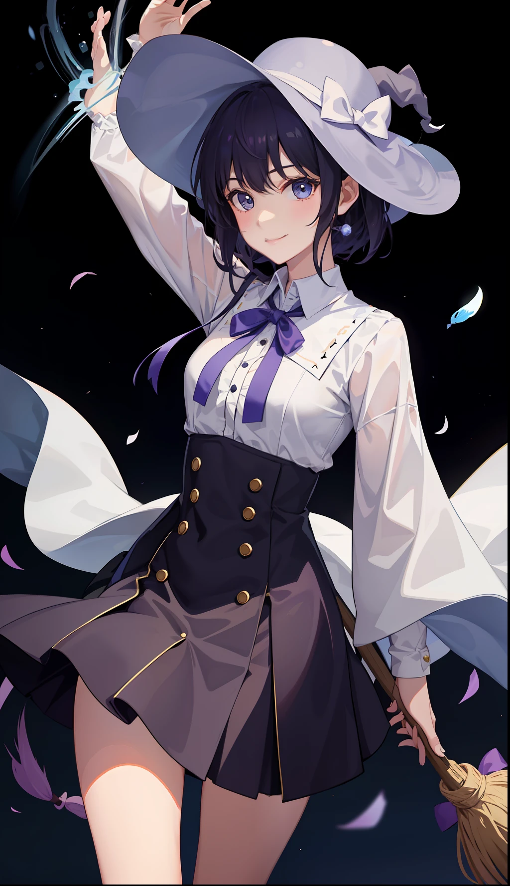 1girl in、A smile、A delightful! The shirt、skirt by the、(small tits)magic wands、Magic hat、cloaks、Broom、Sorcerer、