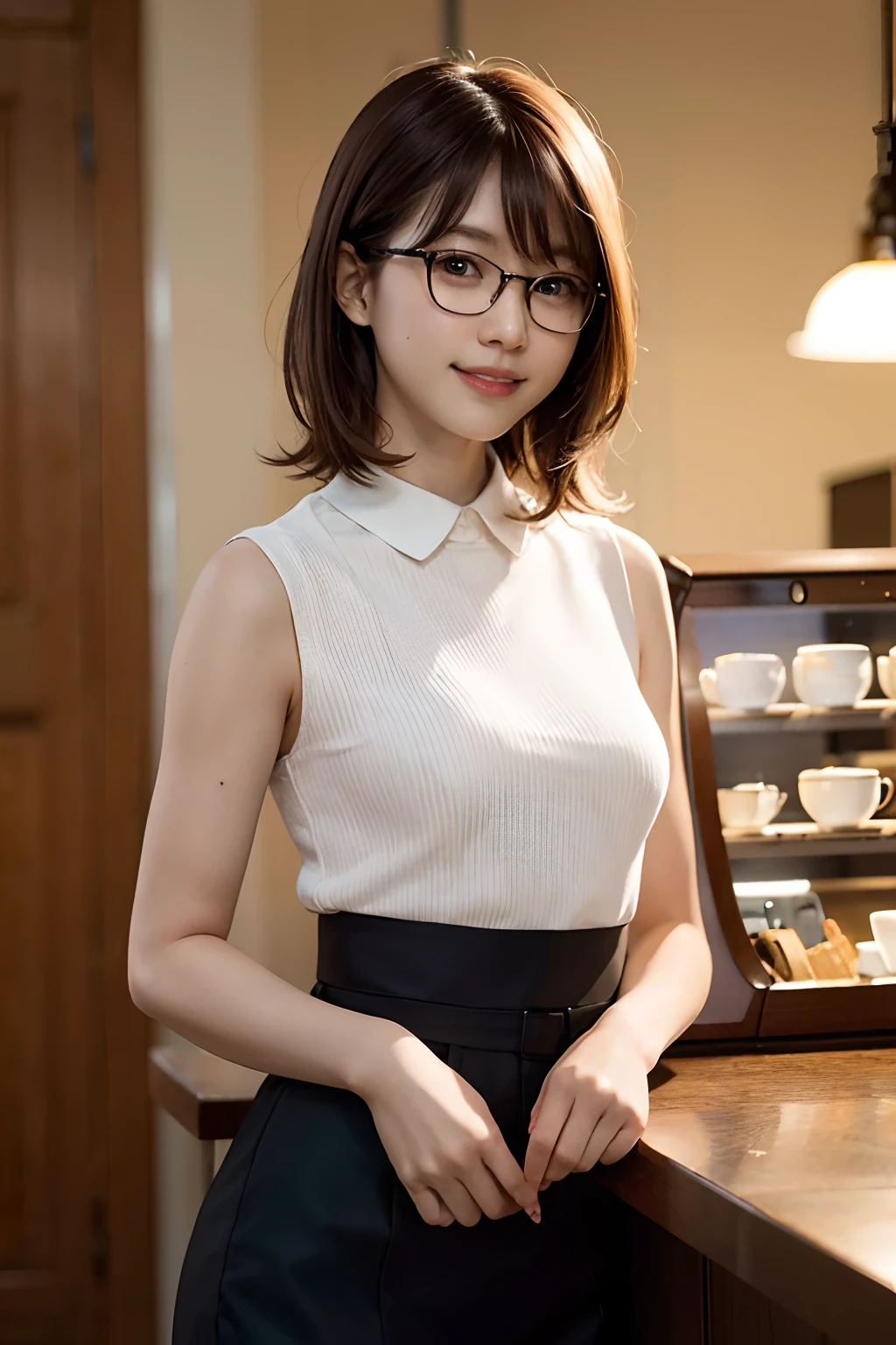 (8K、Raw photography、top-quality、masterpiece:1.2)、(realisitic、Photorealsitic:1.37)、ultra-detailliert、超A high resolution、女の子1人、see the beholder、beautifull detailed face、A smile、drooing eyes、Constriction、(Slim waist) :1.3)、White Collar Waitress、Beautiful detailed skin、Skin Texture、Floating hair、Professional Lighting、tea shop、Rimmed glasses、Whole human body、Brown hair