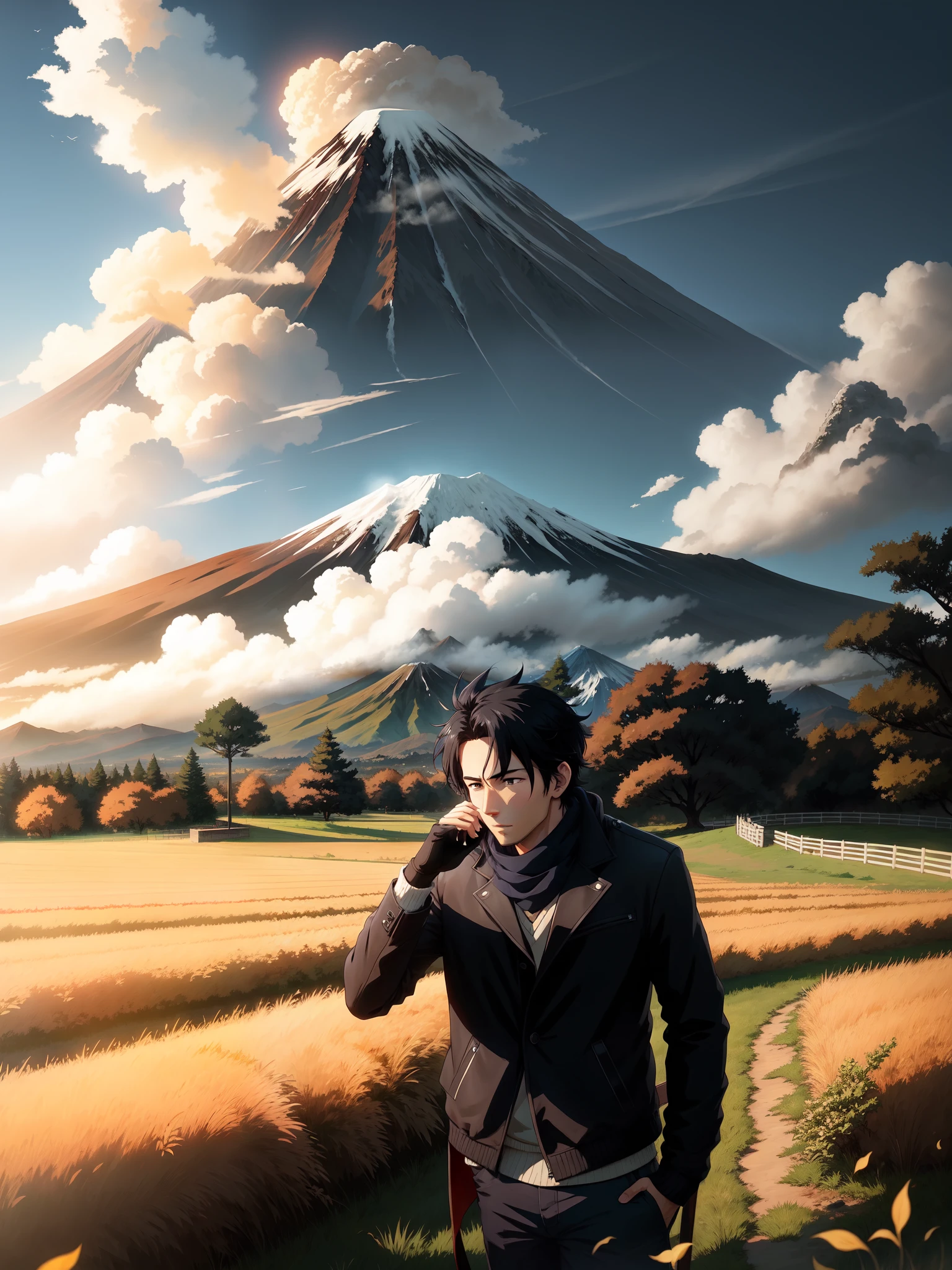 there is a man standing in a field, drink coffee, wearing black jacket with scarf, with a volcano in the background, moutain in background, HD anime pict, black hair, picture by makoto shinkai art, Kyoto animation studio, same hairstyle, trending on cg society, conceptual art, high quality anime movie still, ultra HD 4k, fine detail, as per image, outdoor, pefect hand, anime style eyes.