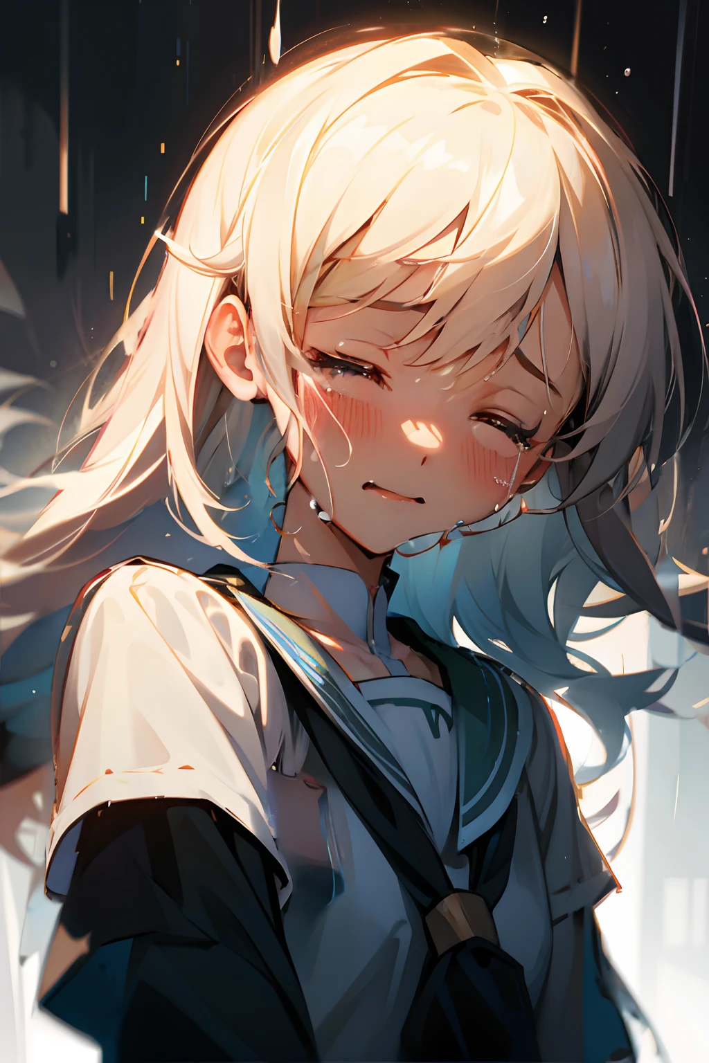 Glowing anime girl with open mouth tears with blonde hair and blue eyes in the rain, Detailed Digital Anime Art, guweiz on pixiv artstation, Portrait Anime Girl, digital anime art, portrait of cute anime girlbabes, splash art anime loli, detailed portrait of an anime girl, guweiz on artstation pixiv, anime style 4 k, Anime art wallpaper 8k, digital anime illustration
