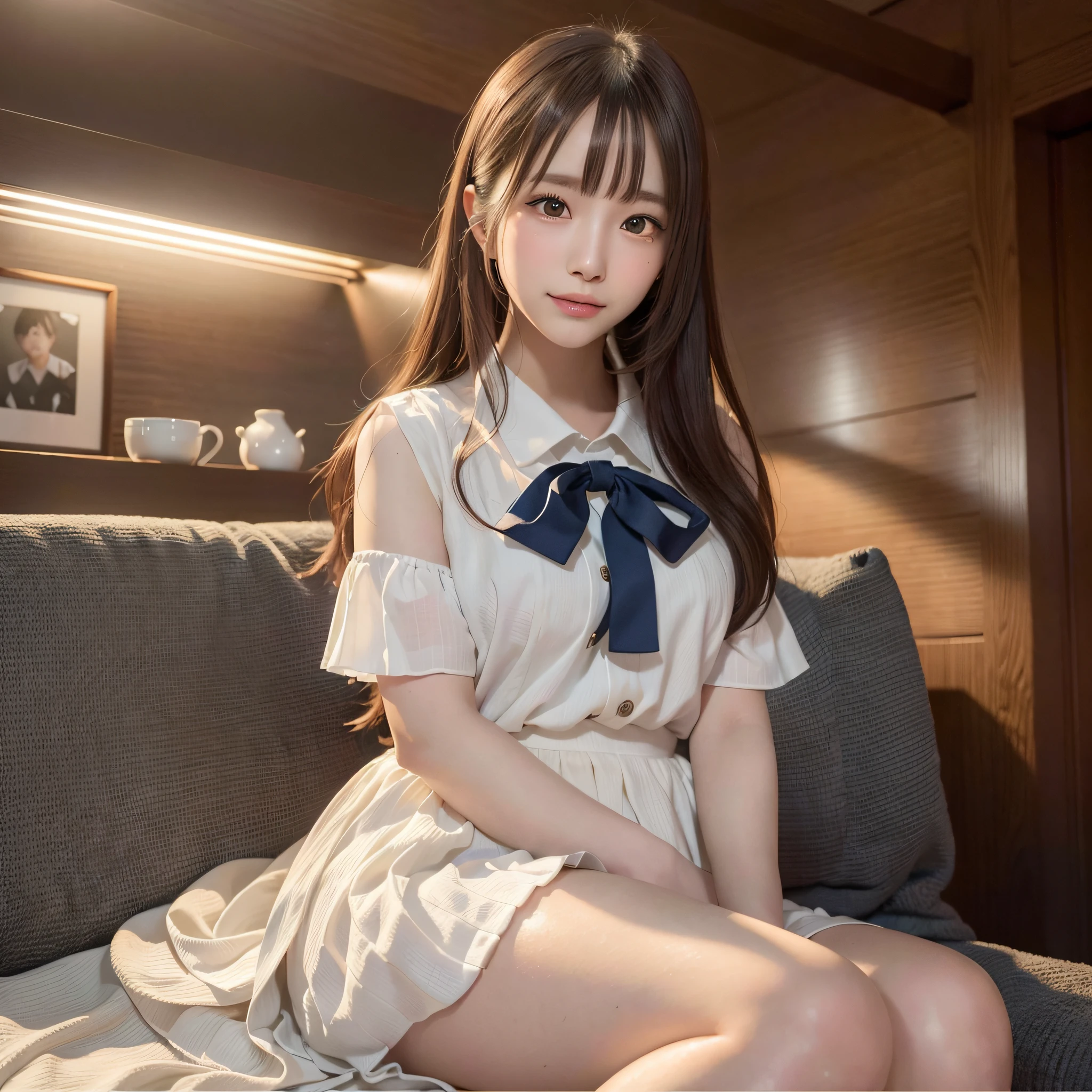 (Highest Quality, hyper-realistic, Super dense, very detailed illustration, Best image quality:1.4, very detailed illustration), (Background, cafes):1.3, (White blouses, Blue Mini Frill Skirt), (1woman:1.3, solo), (cowboy shot:1.3), (Model-like body shape), Hands on Hips, white skin, (layered hair), (dark brown hair), (Japanese, 18-year-old woman), (smiling:0.8), Sitting on the couch